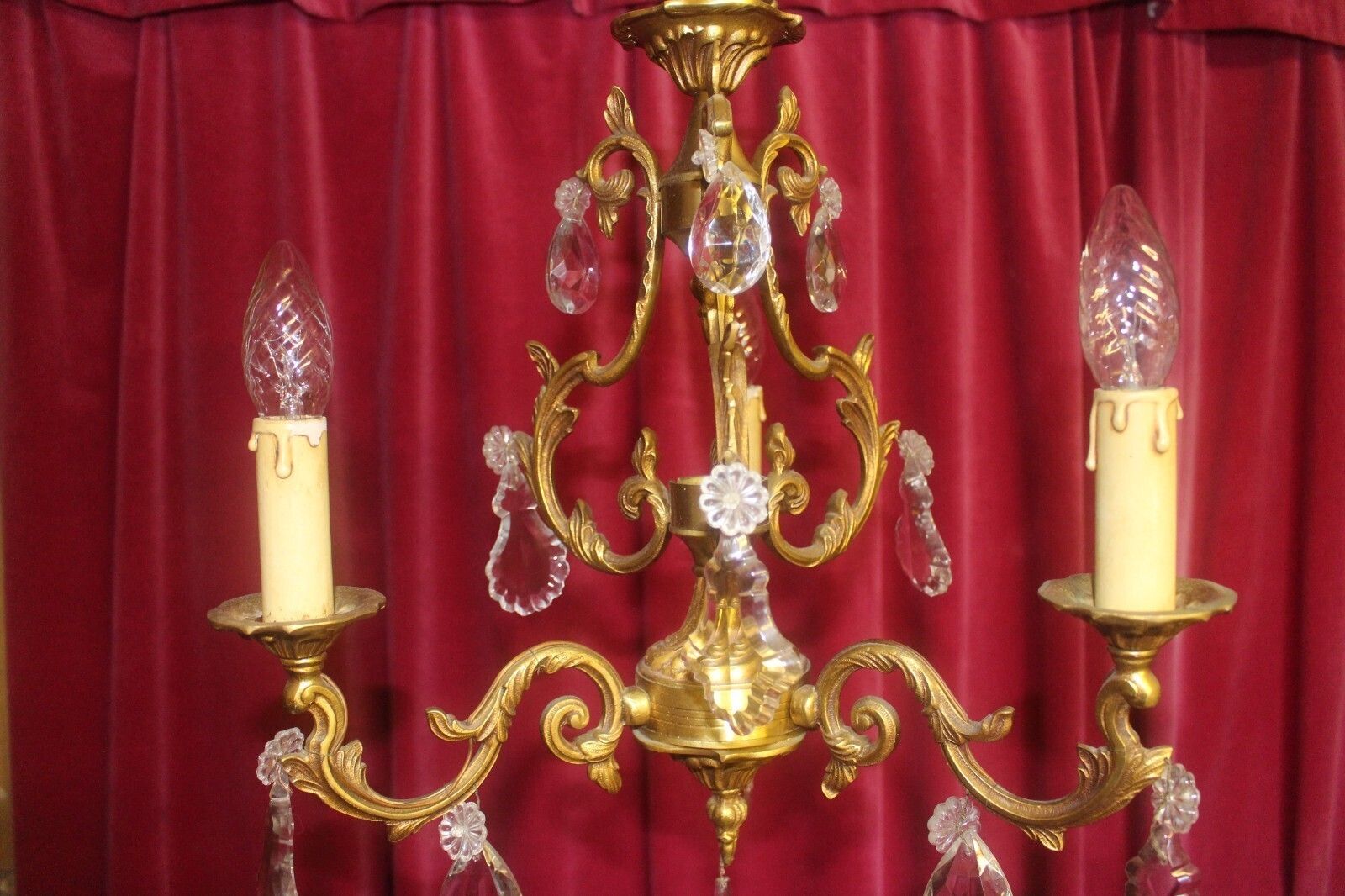 photo buy Antique French Bronze & Crystal Rococ 3 Arms Chandelier