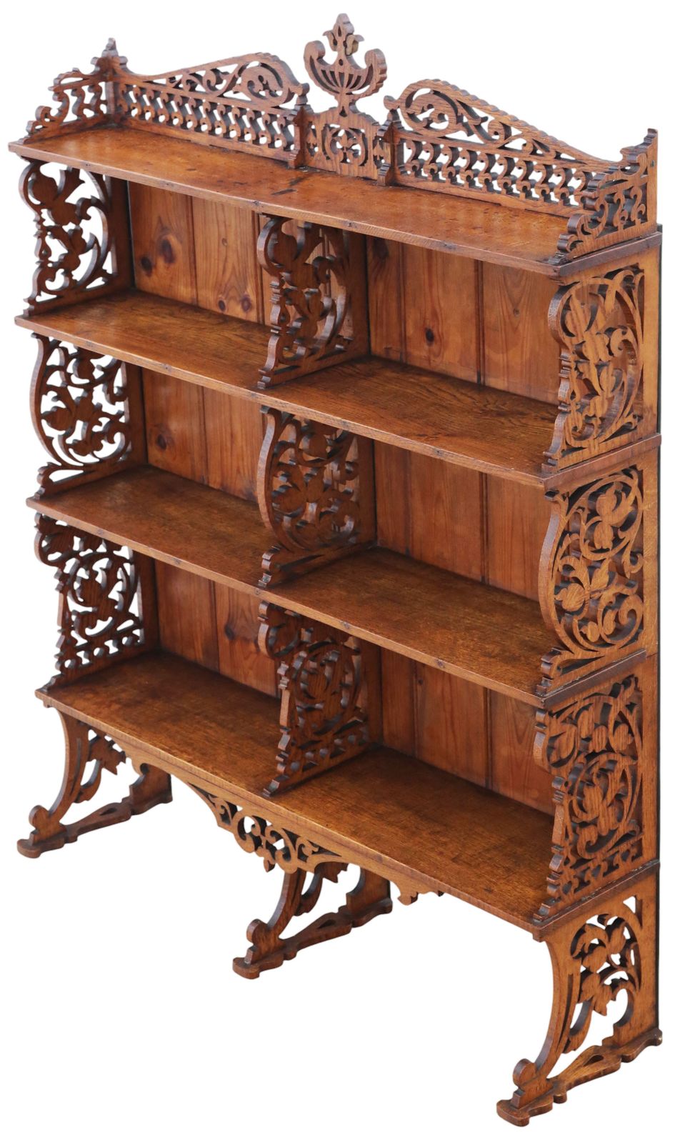 Antique C.1900 Oak Fret Cut Waterfall Bookcase – Wall Or Floor Standing, Fine Quality