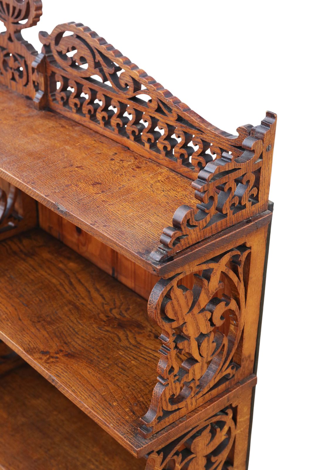 Antique C.1900 Oak Fret Cut Waterfall Bookcase – Wall Or Floor Standing, Fine Quality photo Furniture