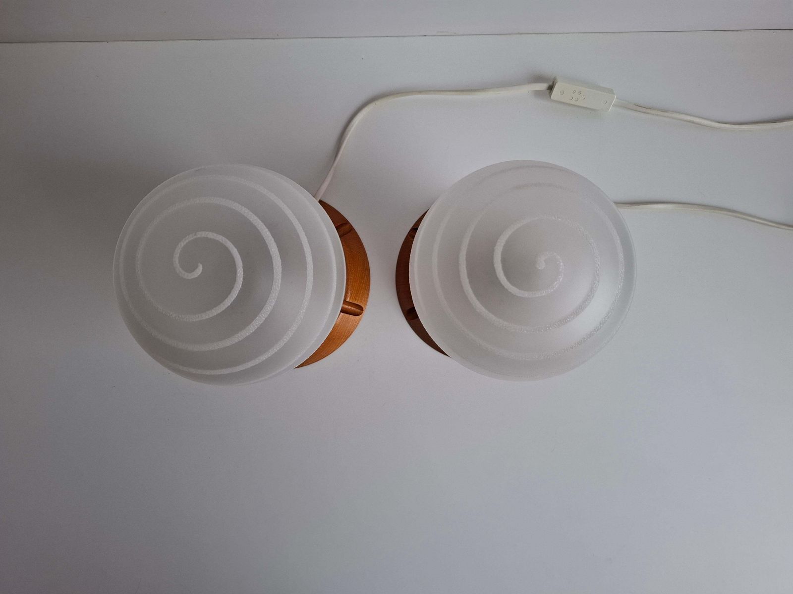 photo furniture Pair Of Mid Century Czech Wood And Frosted Glass Table Lamps, 1990