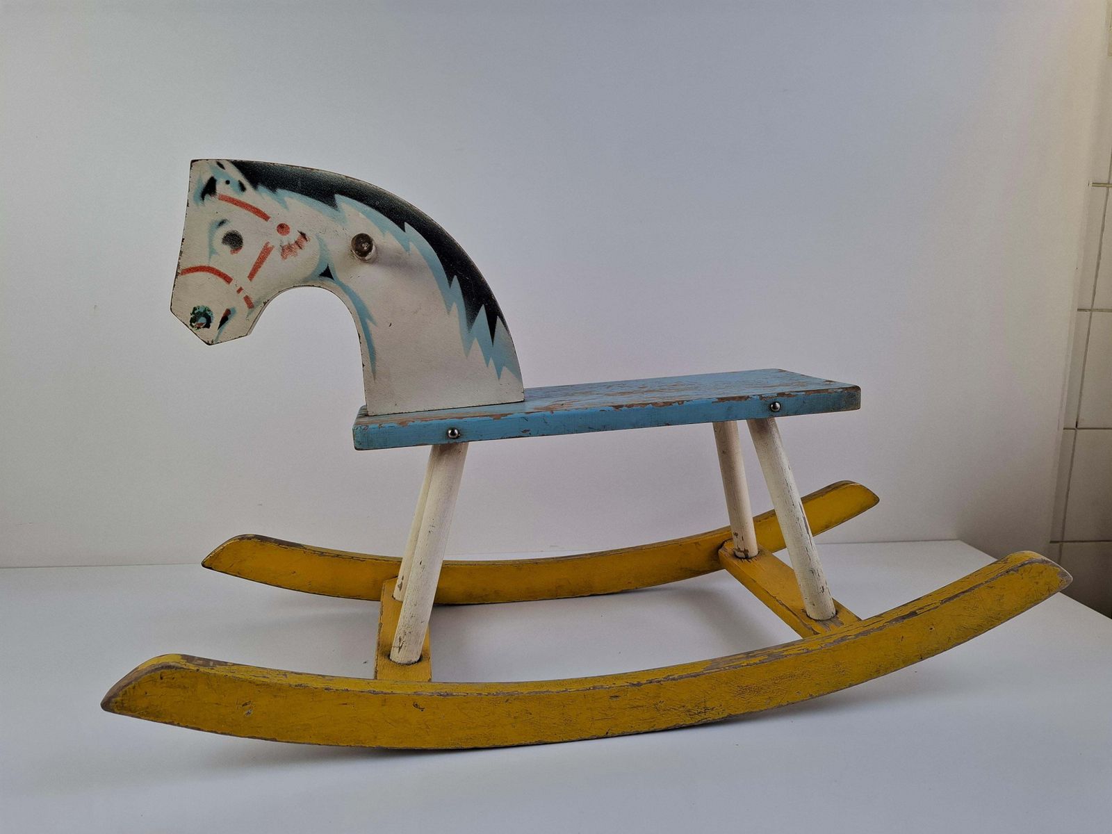 Home Decor Mid Century Czechoslovak Wooden Rocking Horse, Hand Painted, 1960s photo