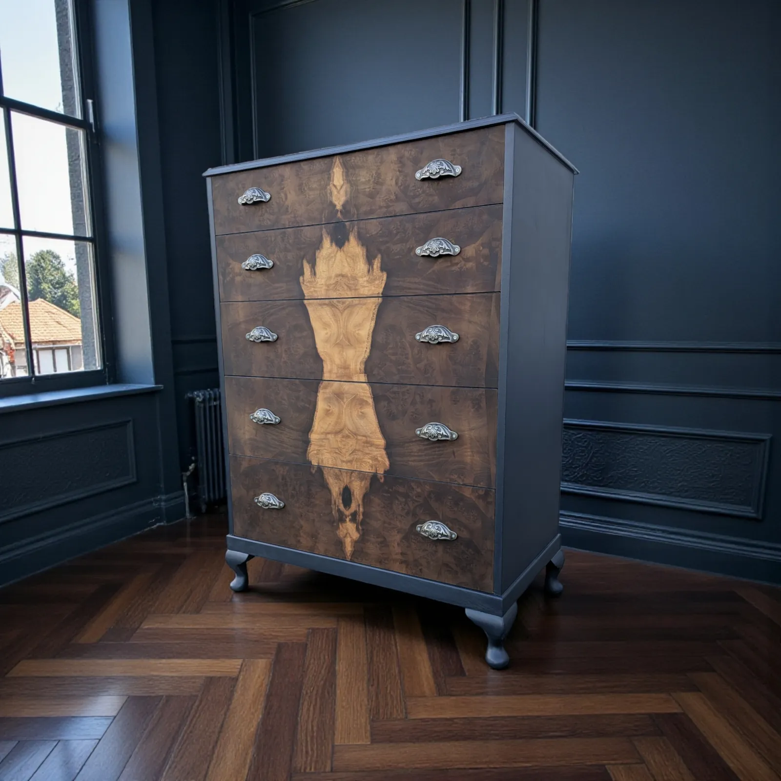 Art Deco Navy Blue Walnut Burr Wood Chest Of Drawers photo furniture