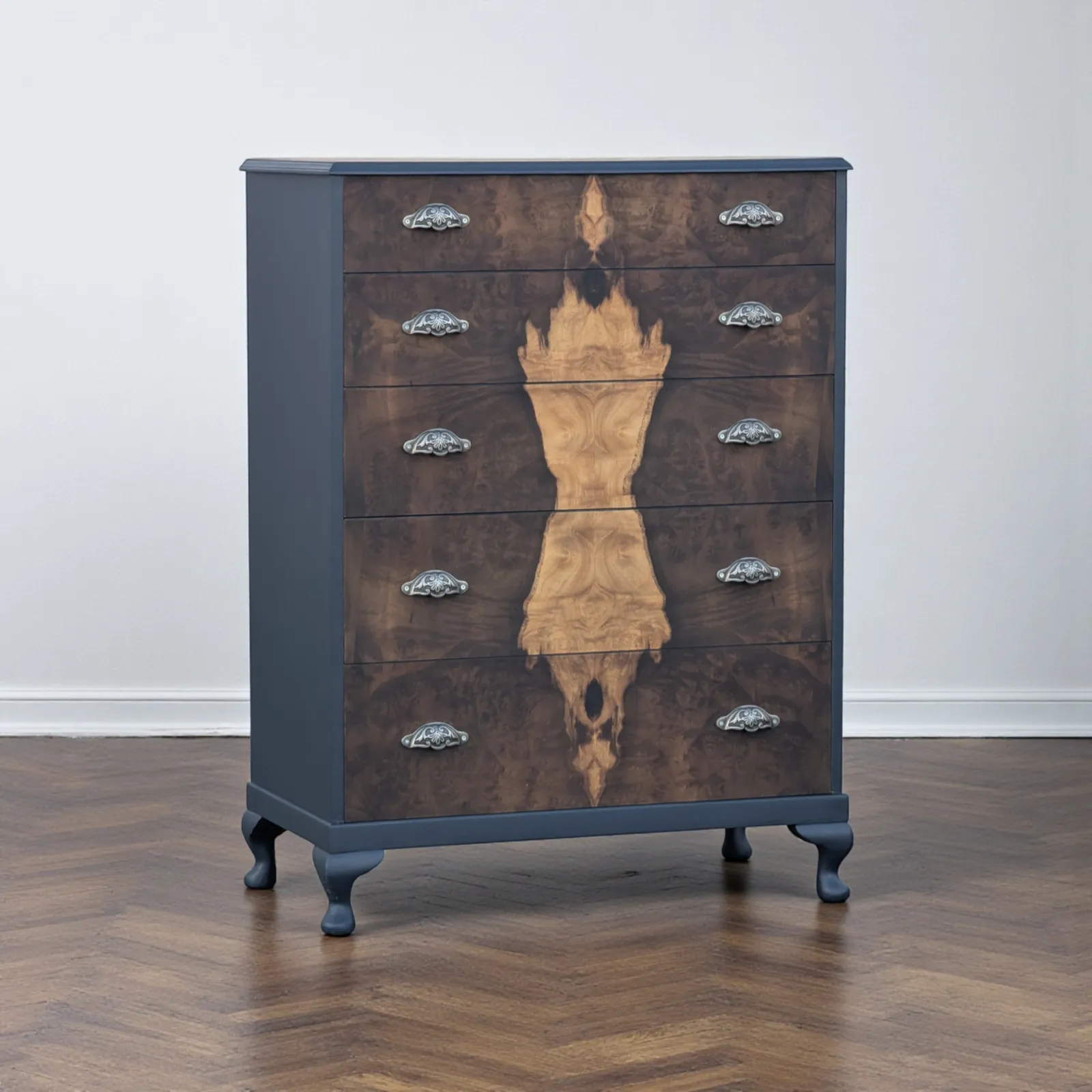 Art Deco Navy Blue Walnut Burr Wood Chest Of Drawers photo buy