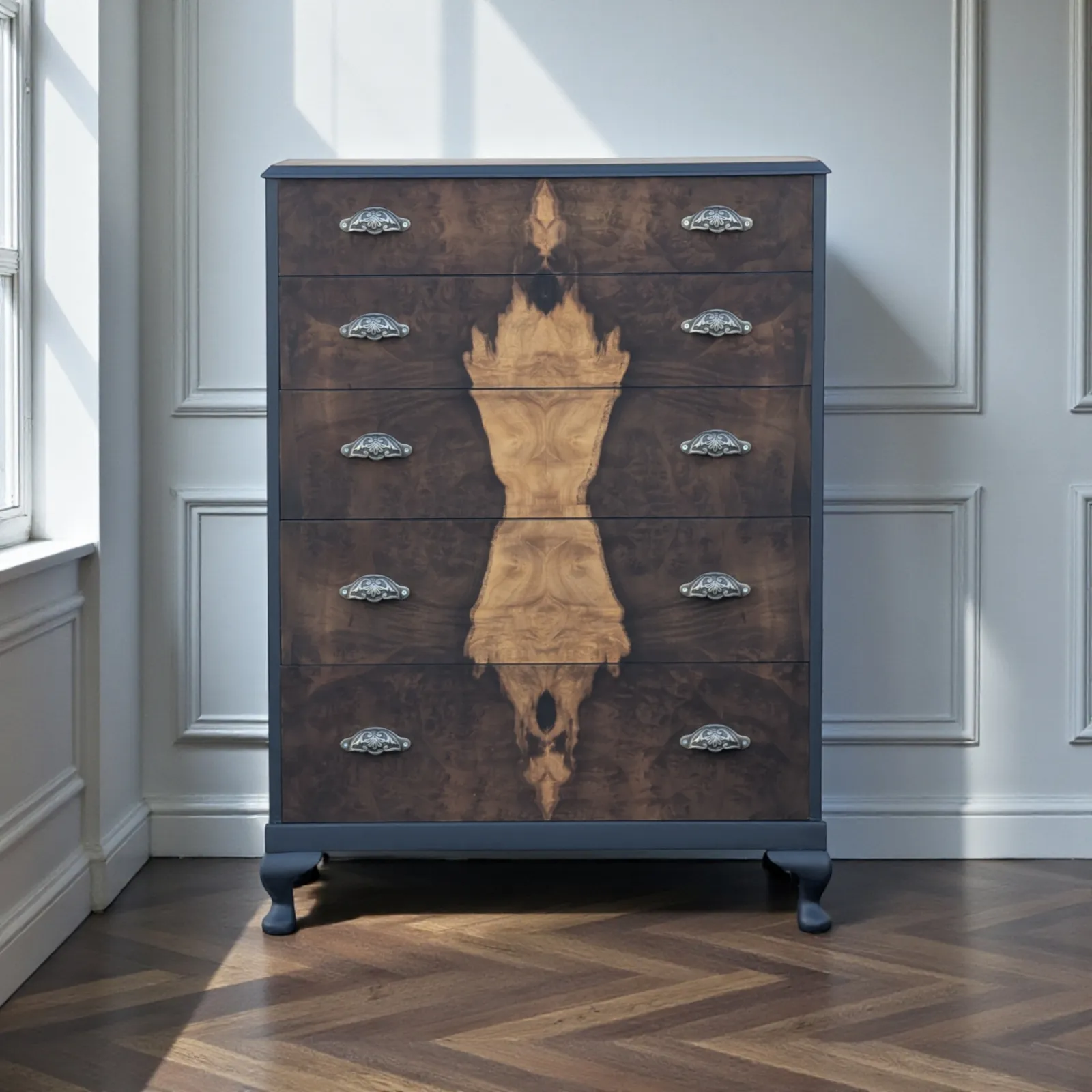 Art Deco Navy Blue Walnut Burr Wood Chest Of Drawers photo vintage