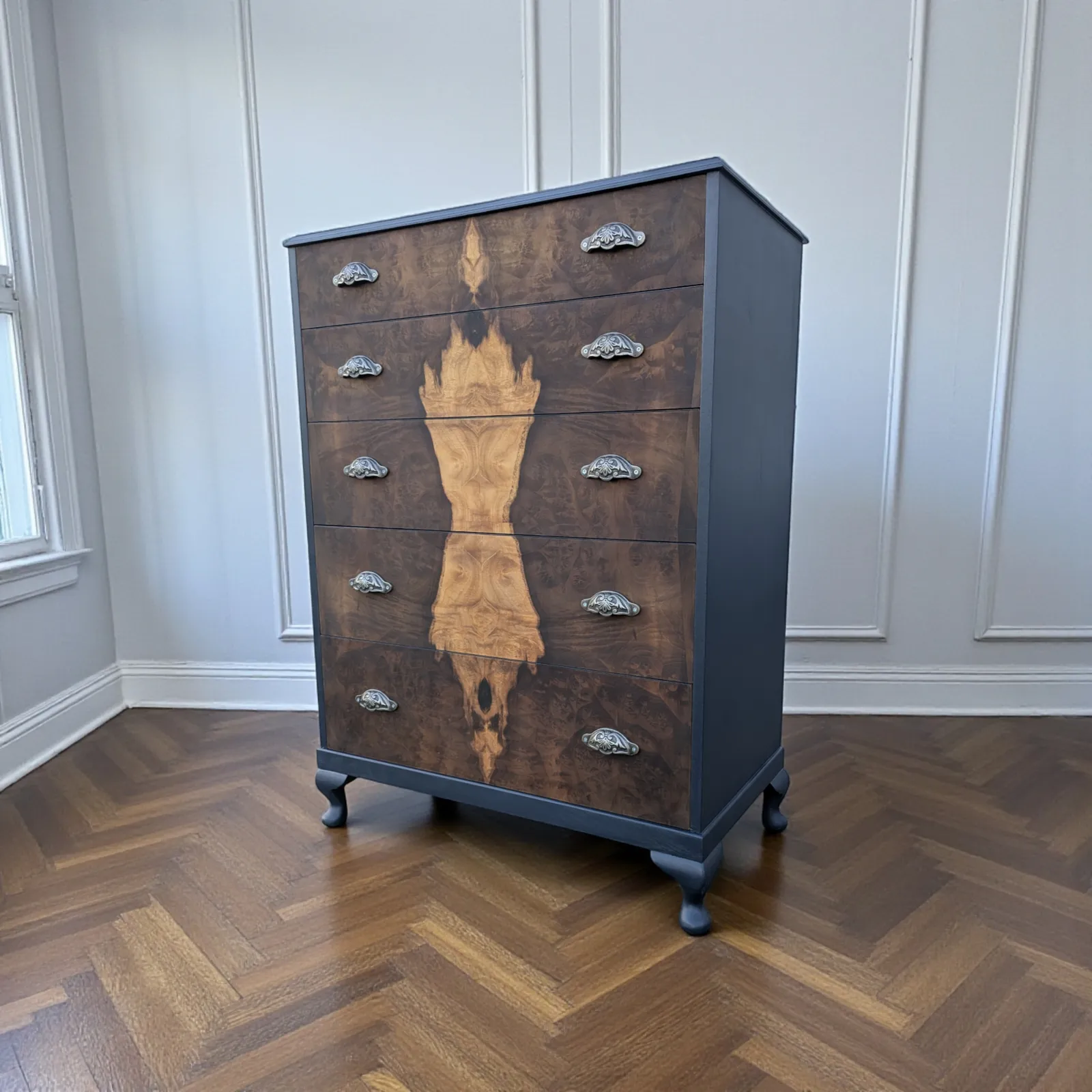 photo for sale Art Deco Navy Blue Walnut Burr Wood Chest Of Drawers