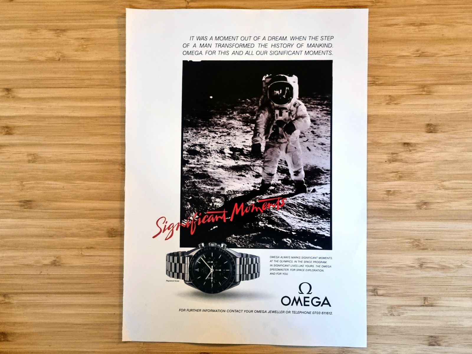 Vintage Watch Ad Print, Omega Speedmaster Moonwatch, Astronaut On Moon, 1980s Space Theme photo for sale