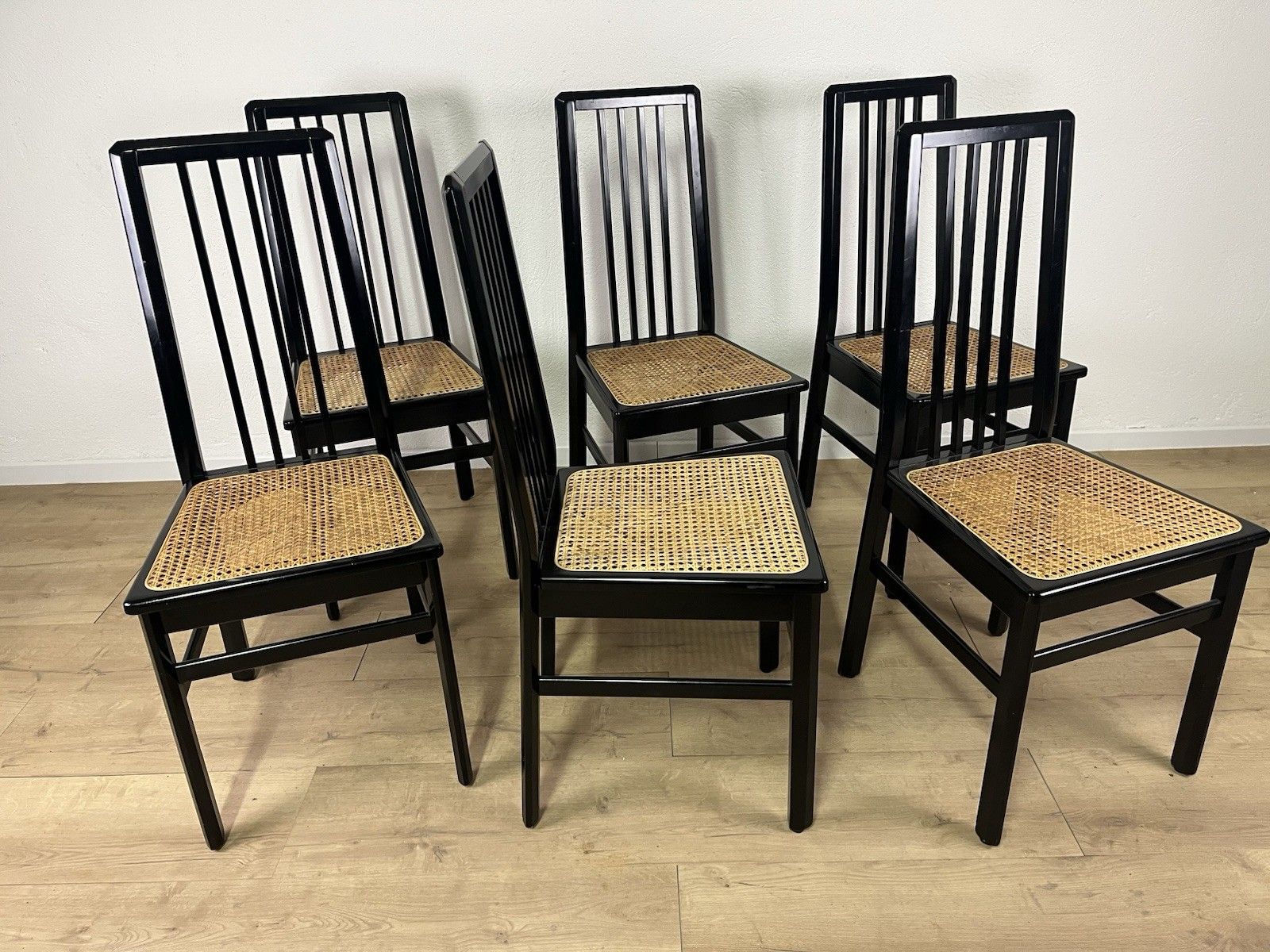 Vienna 70’s Vintage Design Black Straw Wood Chair Set Of 6 photo Furniture