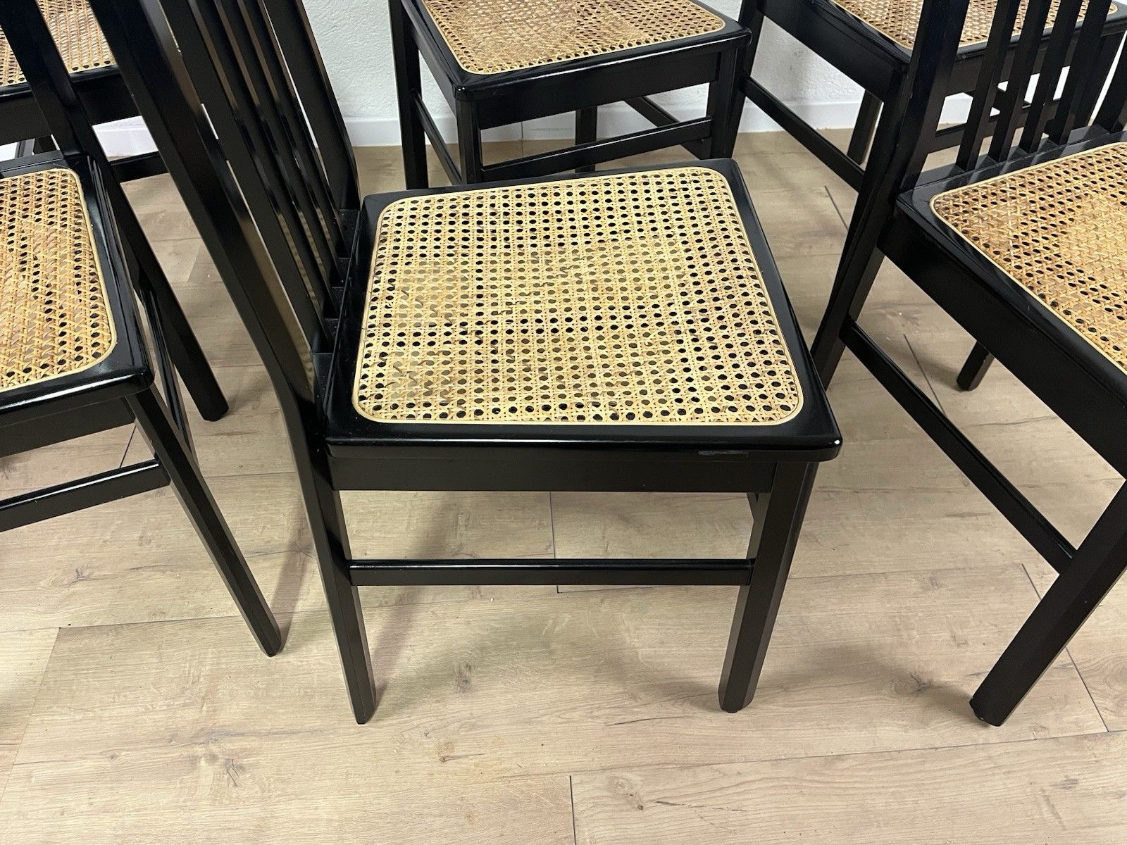 Vienna 70’s Vintage Design Black Straw Wood Chair Set Of 6 photo vinterior