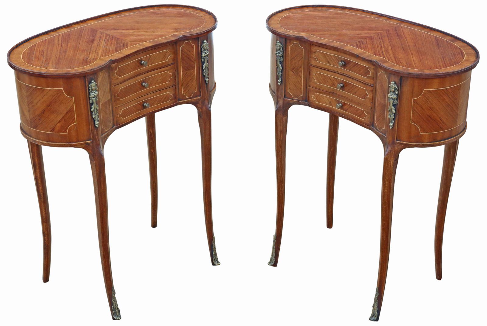 Antique C.1925 Pair Of Kidney Shaped Inlaid Veneer Bedside Tables / Cupboards – Fine Quality Nightstands