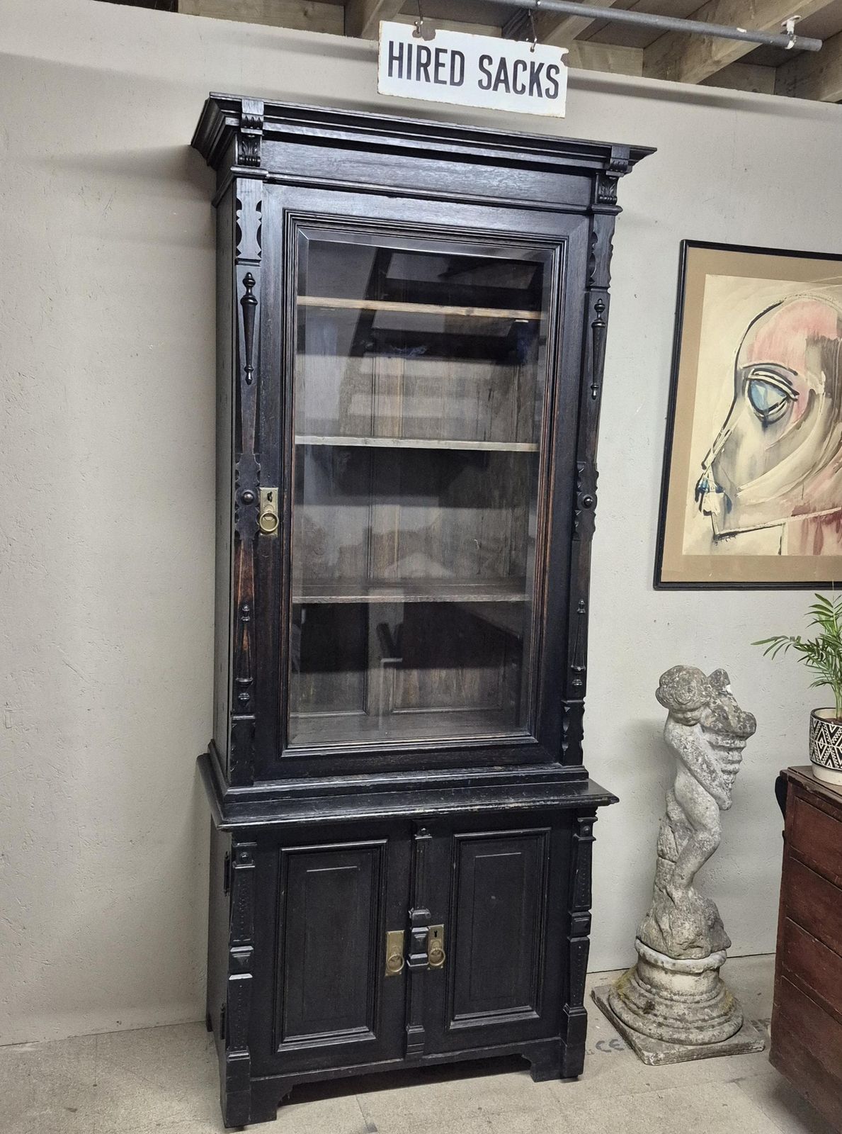 19th Century Antique Ebonised Oak Glazed Gun Cabinet   Display Bookcase photo furniture