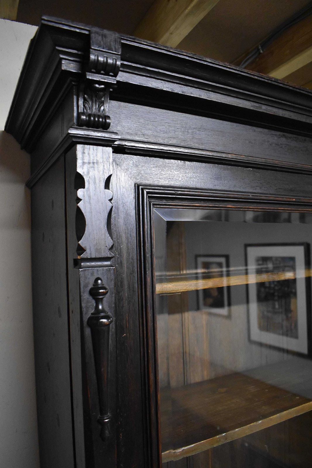 photo vinterior 19th Century Antique Ebonised Oak Glazed Gun Cabinet   Display Bookcase