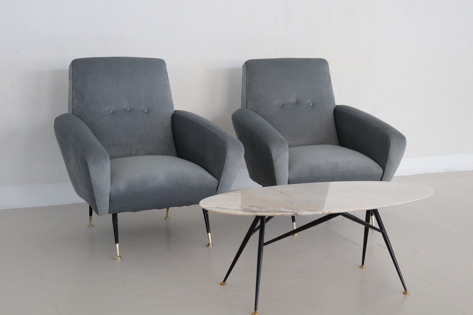 Italian Midcentury Armchairs With Springs In Blue Grey New Velvet photo for sale