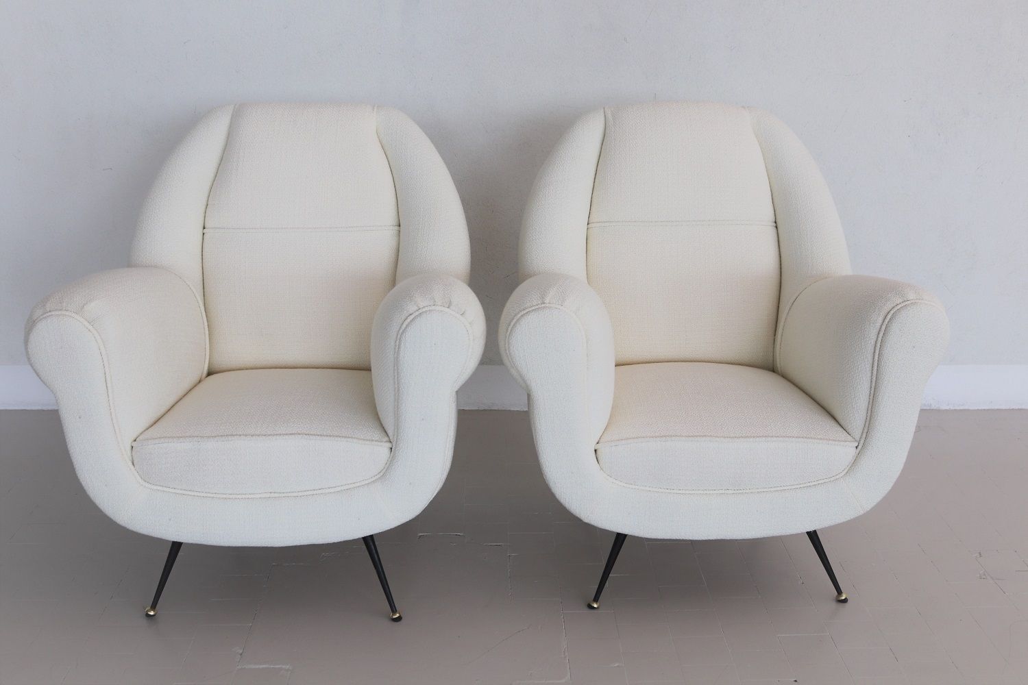 photo furniture Italian Midcentury Armchairs In Off White Upholstery And Brass Stiletto Feet, 1950s
