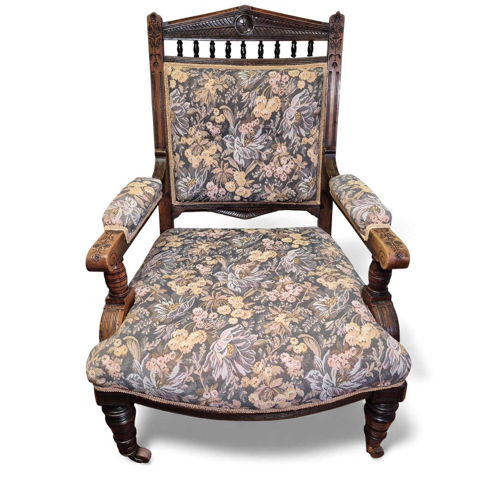 Victorian Oak Nursing Chair – Carved Armchair With Floral Upholstery & Castors photo for sale