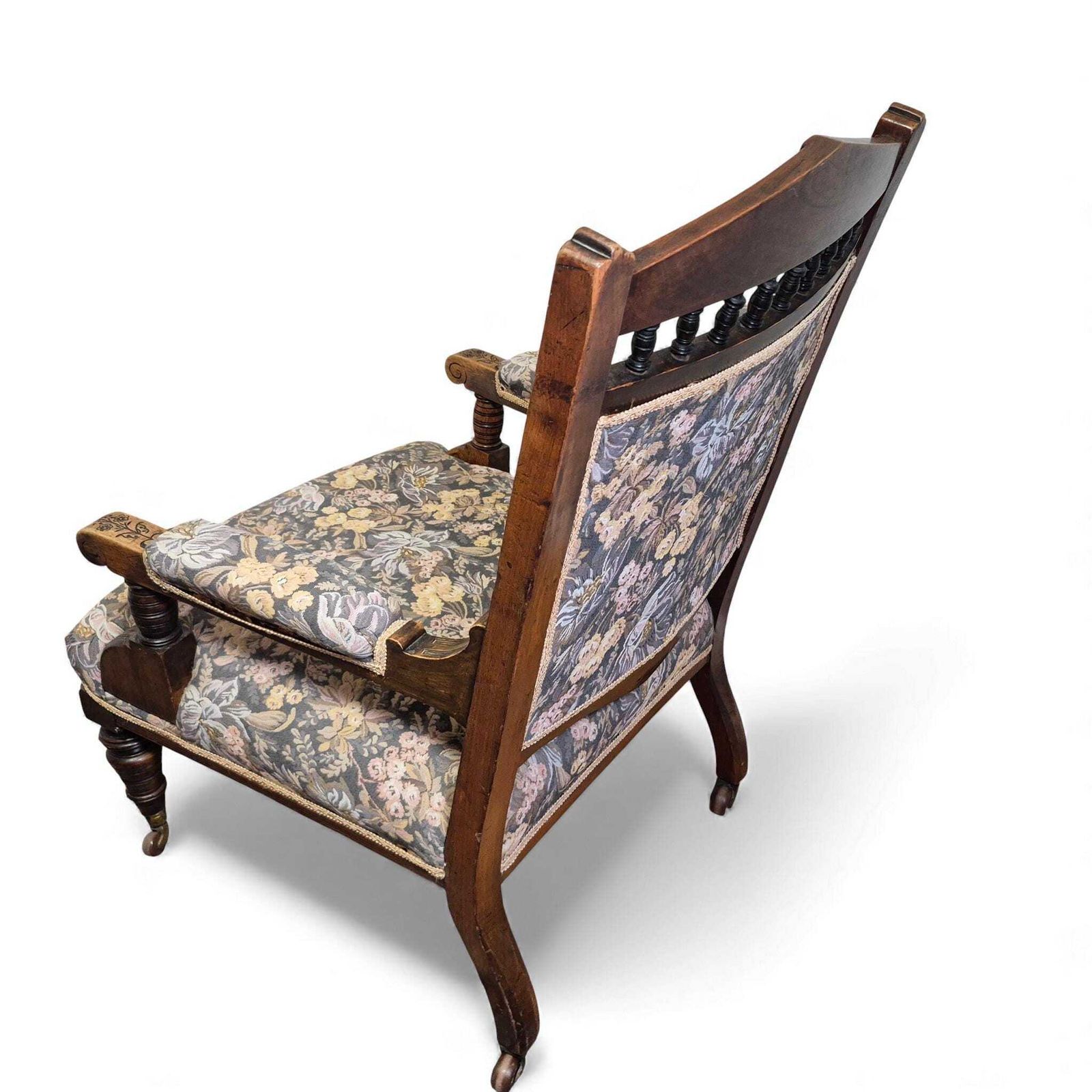 Victorian Oak Nursing Chair – Carved Armchair With Floral Upholstery & Castors photo 295.0