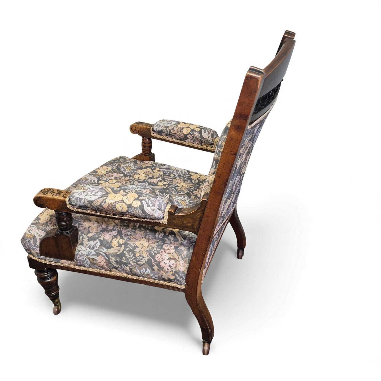 Victorian Oak Nursing Chair – Carved Armchair With Floral Upholstery & Castors photo vintage
