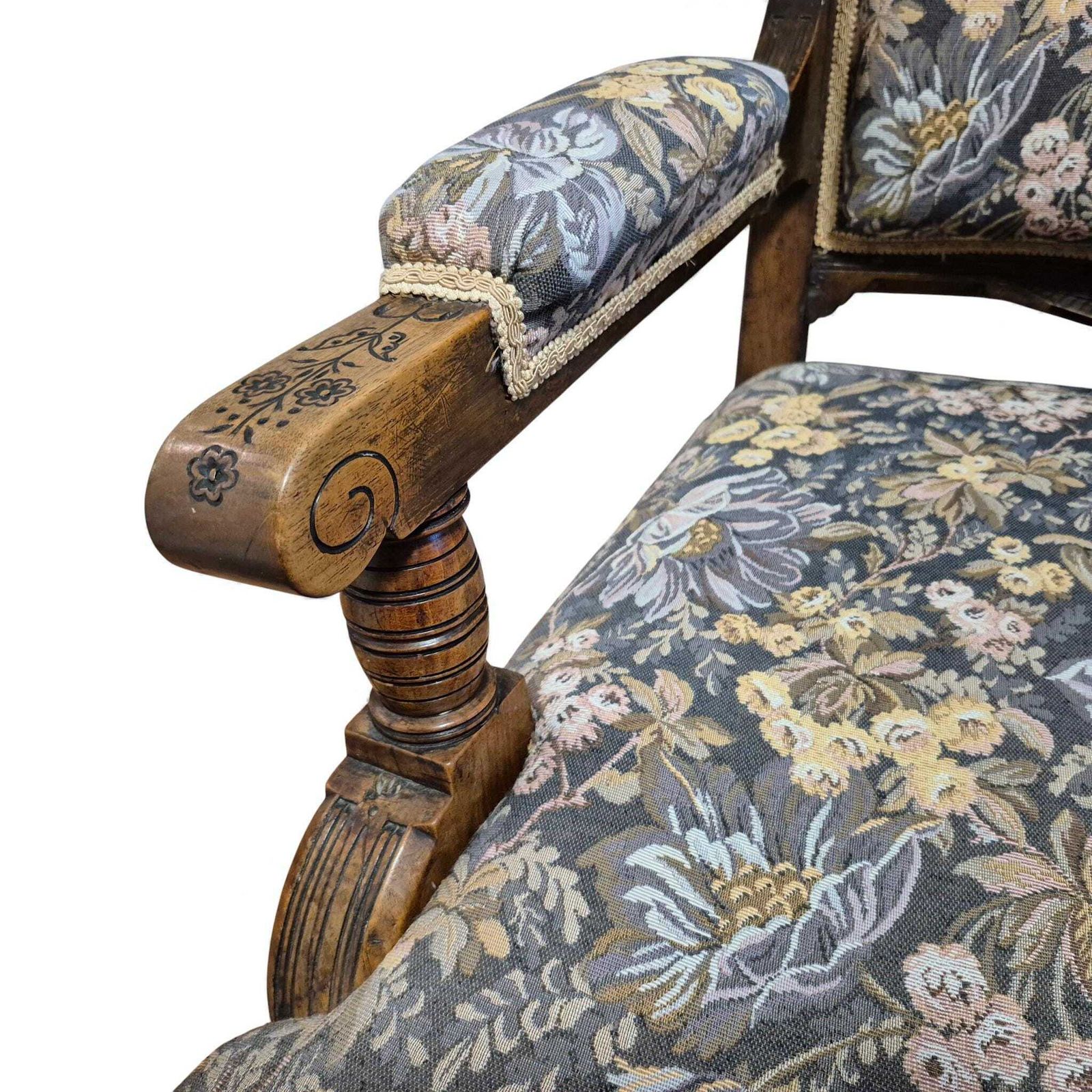 Furniture Victorian Oak Nursing Chair – Carved Armchair With Floral Upholstery & Castors photo