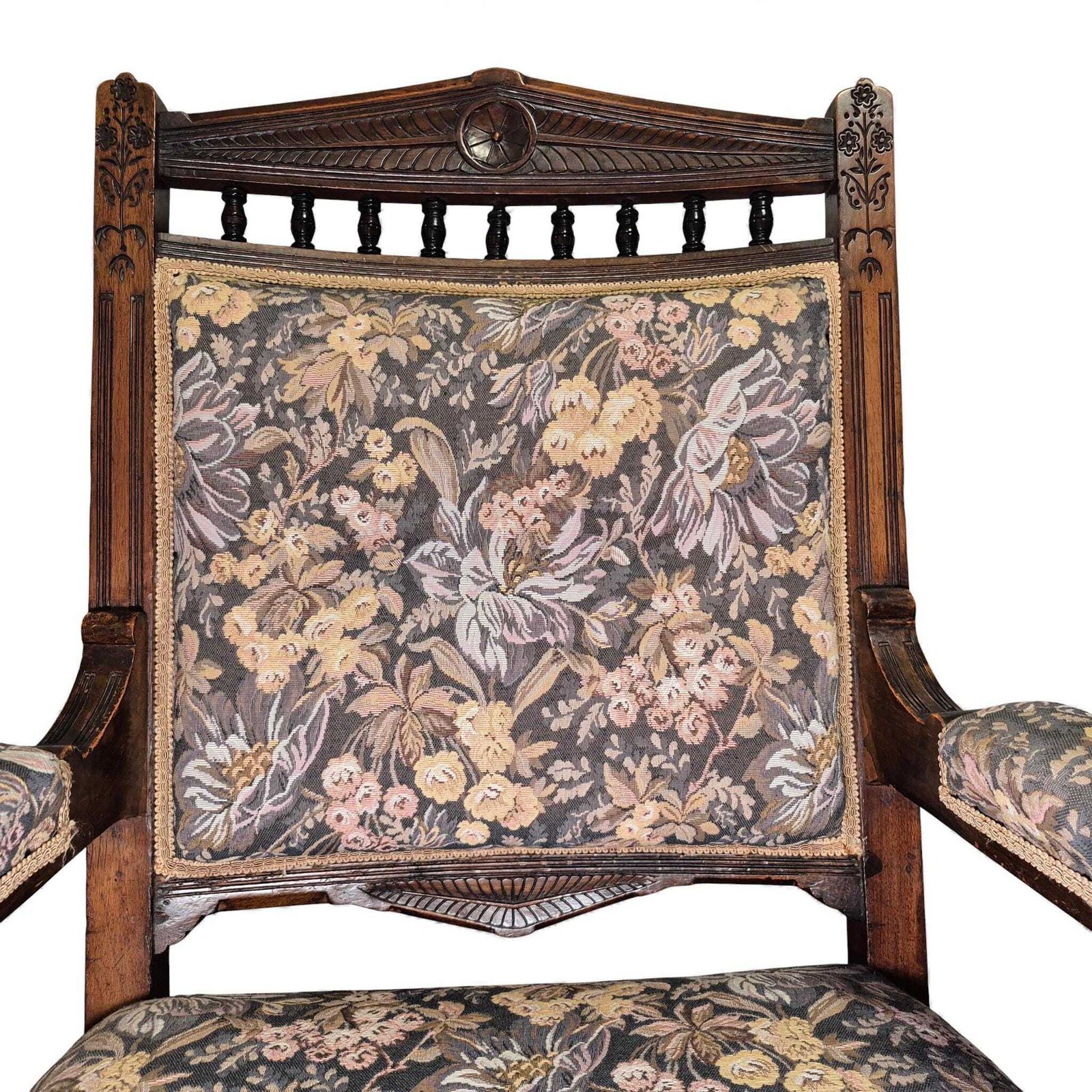 photo vinterior Victorian Oak Nursing Chair – Carved Armchair With Floral Upholstery & Castors