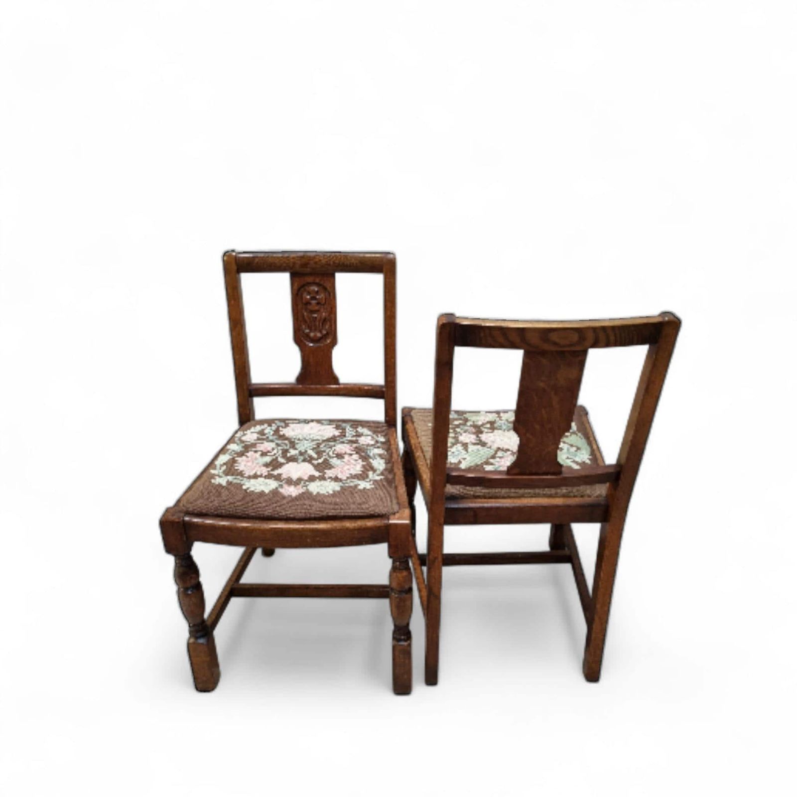 Vintage Art Deco Oak Dining Chairs / Tapestry Seats / Set Of Four / C. 1930–1940 photo Furniture