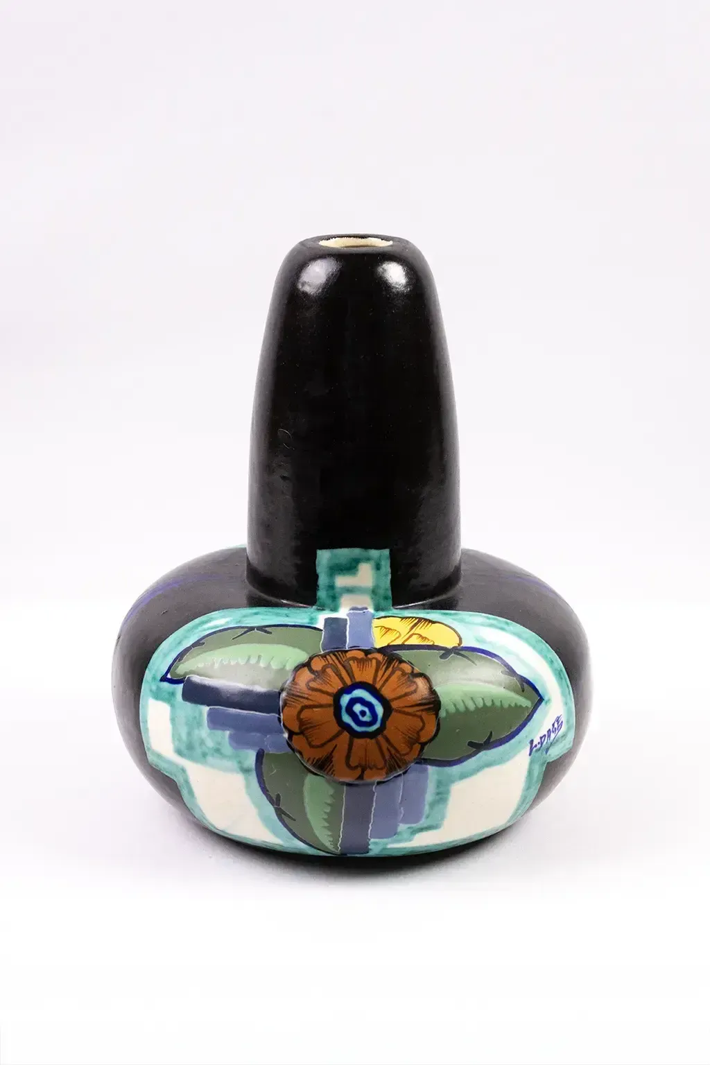 Art Deco Vase Signed Louis Dage – Ceramic With Polychrome Floral Decoration On A Black Background, Circa 1930