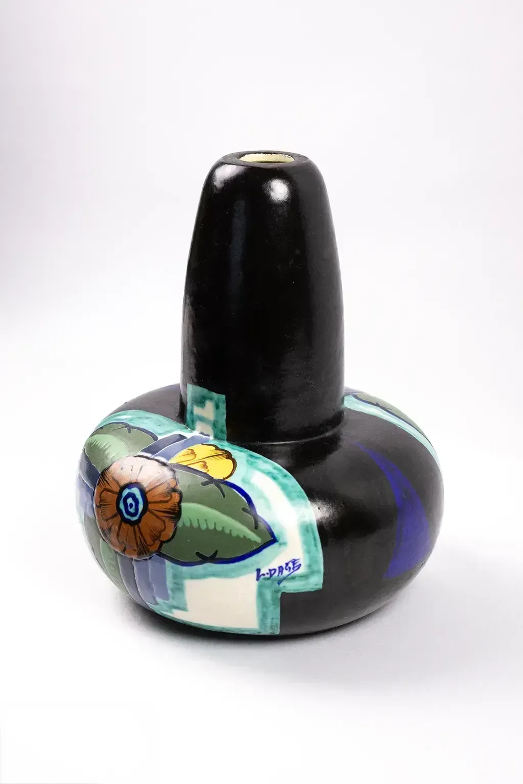 Art Deco Vase Signed Louis Dage – Ceramic With Polychrome Floral Decoration On A Black Background, Circa 1930 photo furniture