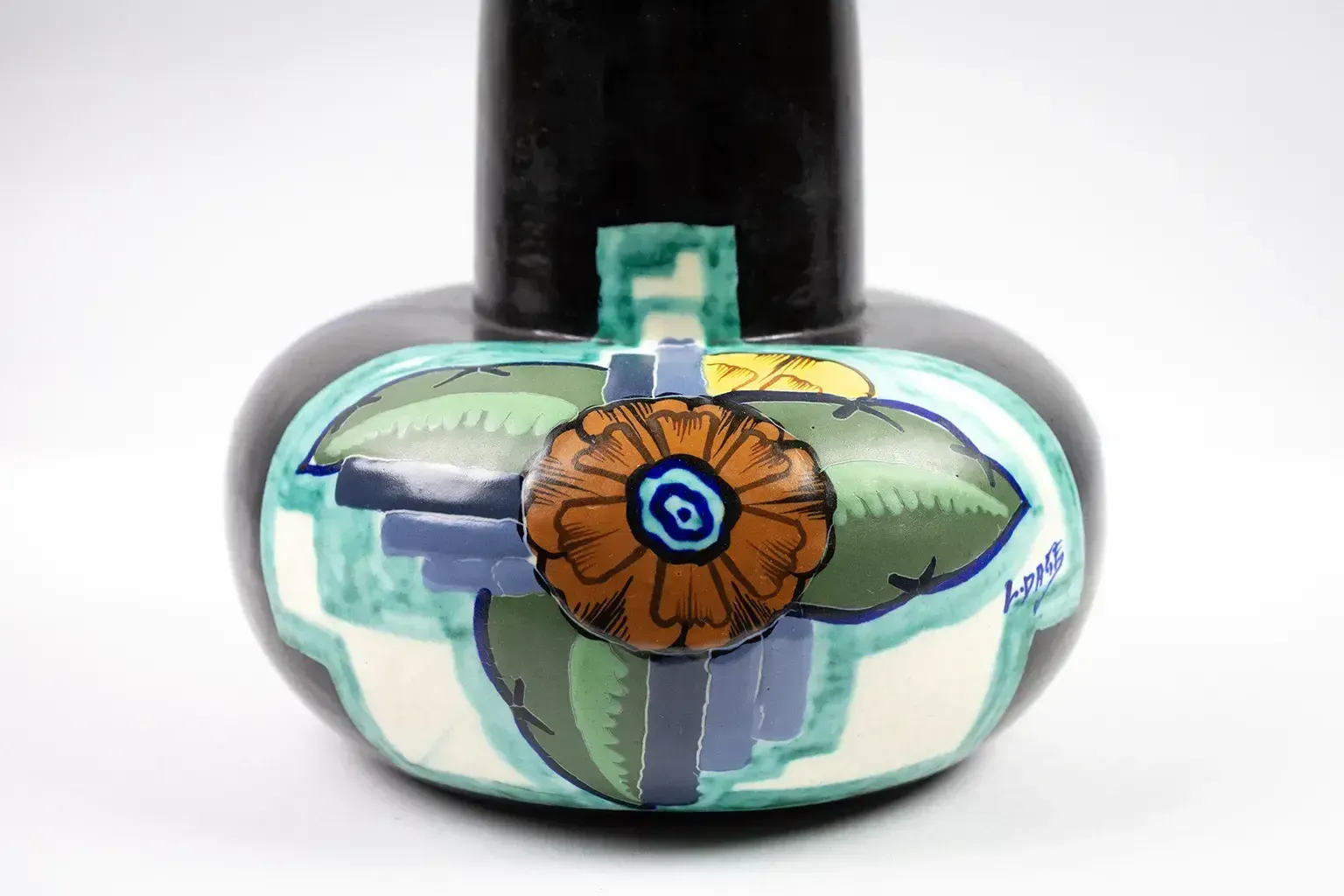 Art Deco Vase Signed Louis Dage – Ceramic With Polychrome Floral Decoration On A Black Background, Circa 1930 photo for sale