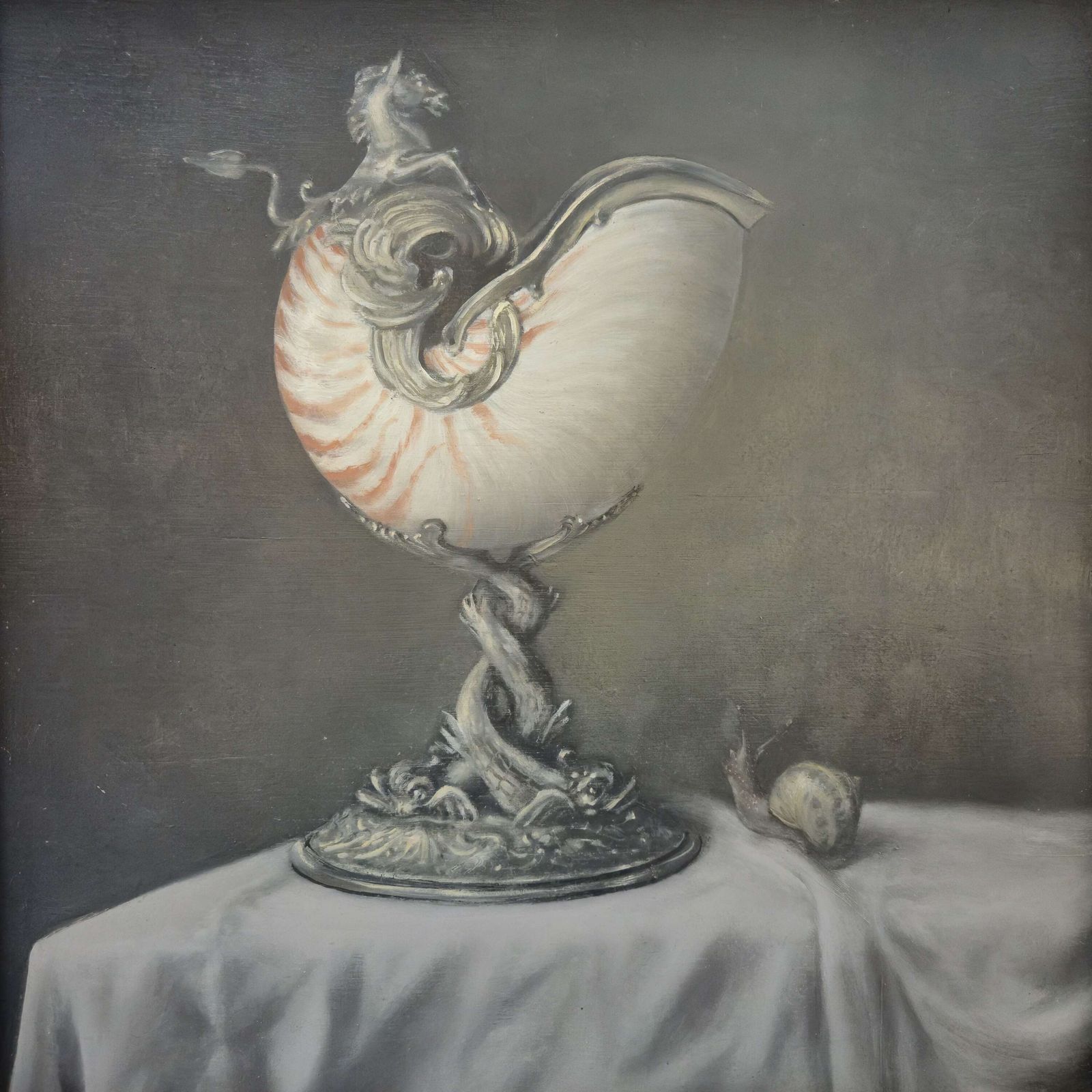 Still Life Painting Of A Nautilus Shell, Oil On Board, English School photo for sale