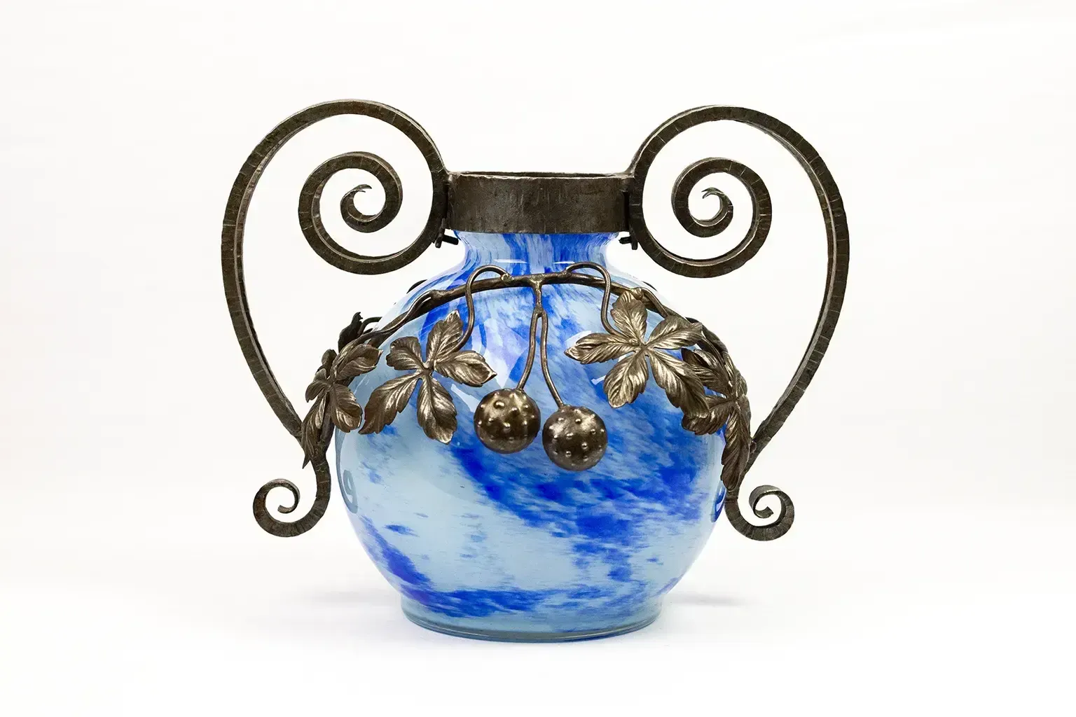 Art Nouveau Vase In Marbled Glass & Wrought Iron Mount, André Delatte Nancy, Circa 1925
