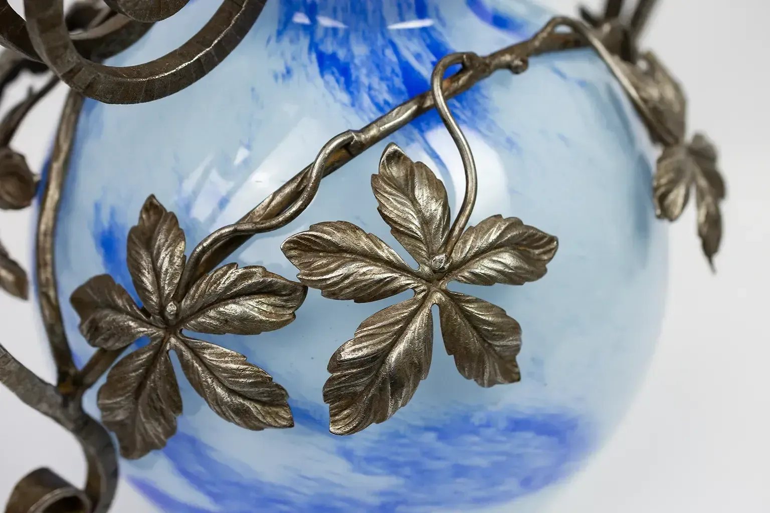 photo for sale Art Nouveau Vase In Marbled Glass & Wrought Iron Mount, André Delatte Nancy, Circa 1925