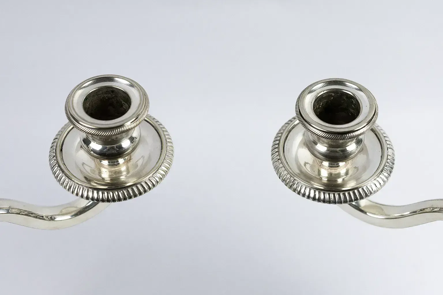 Pair Of Two Light Silver Plated Metal Candelabra – Double Moon Hallmarks photo for sale