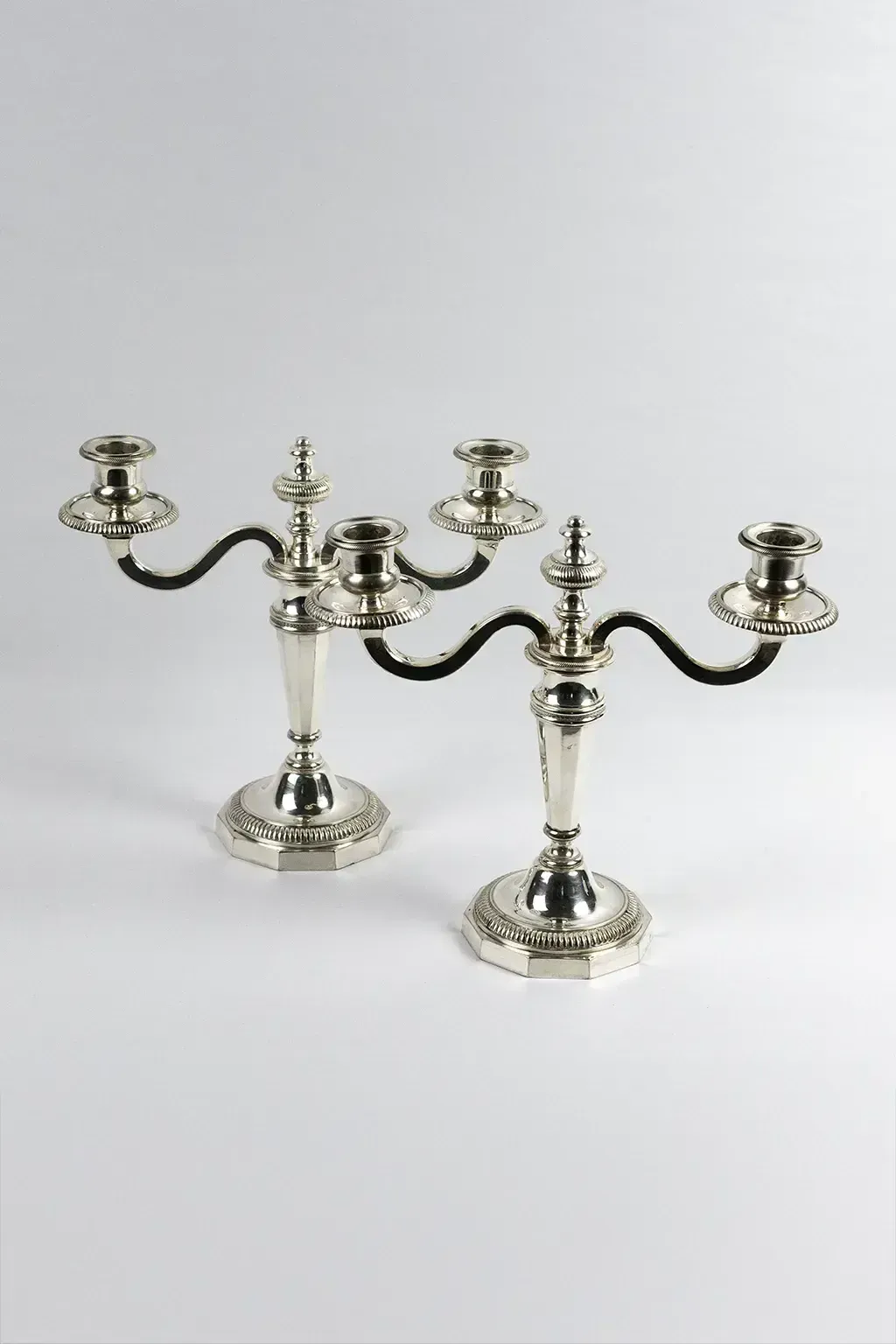 Pair Of Two Light Silver Plated Metal Candelabra – Double Moon Hallmarks photo Home Decor