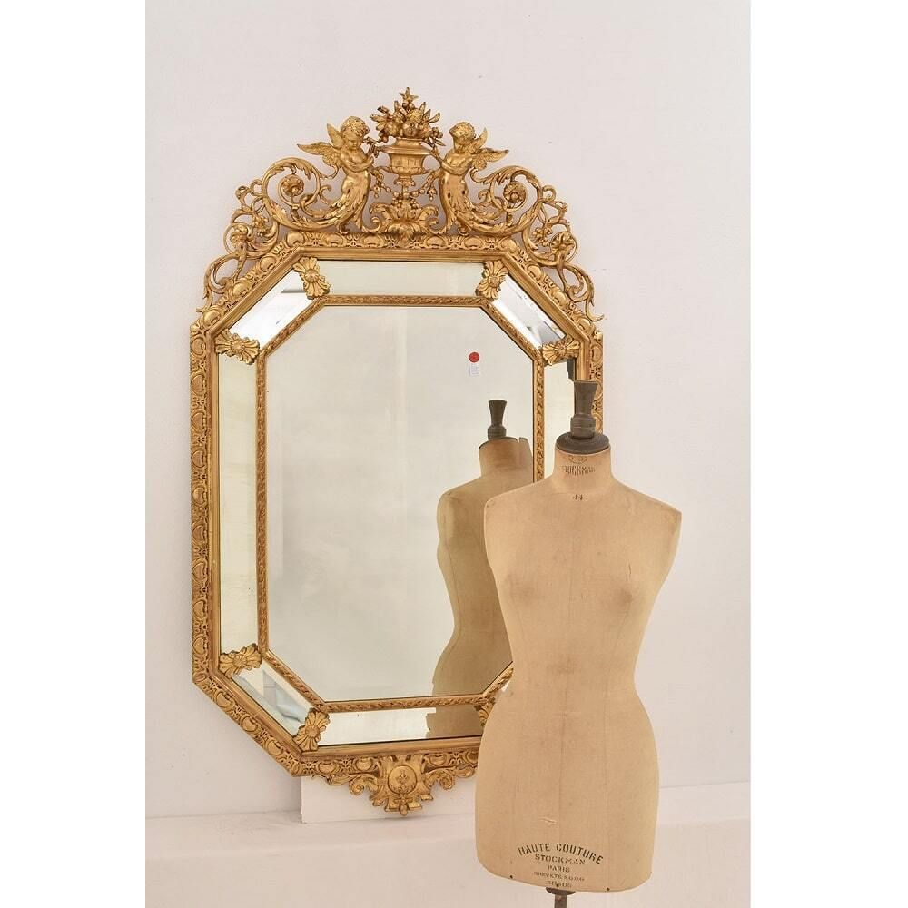 Antique Mirror With Cherubs, Side Mirrors, Antique Luigi Filippo Mirror, Golden Frame, 19th Century. (Spcp197) photo for sale