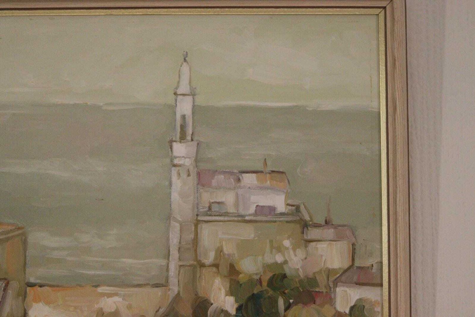 photo furniture Original European Oil On Canvas – “By The Sea” By A. Vasilesck – Vintage & Dated 1990, Framed  44 × 36 Cm (17.3" × 14.2")