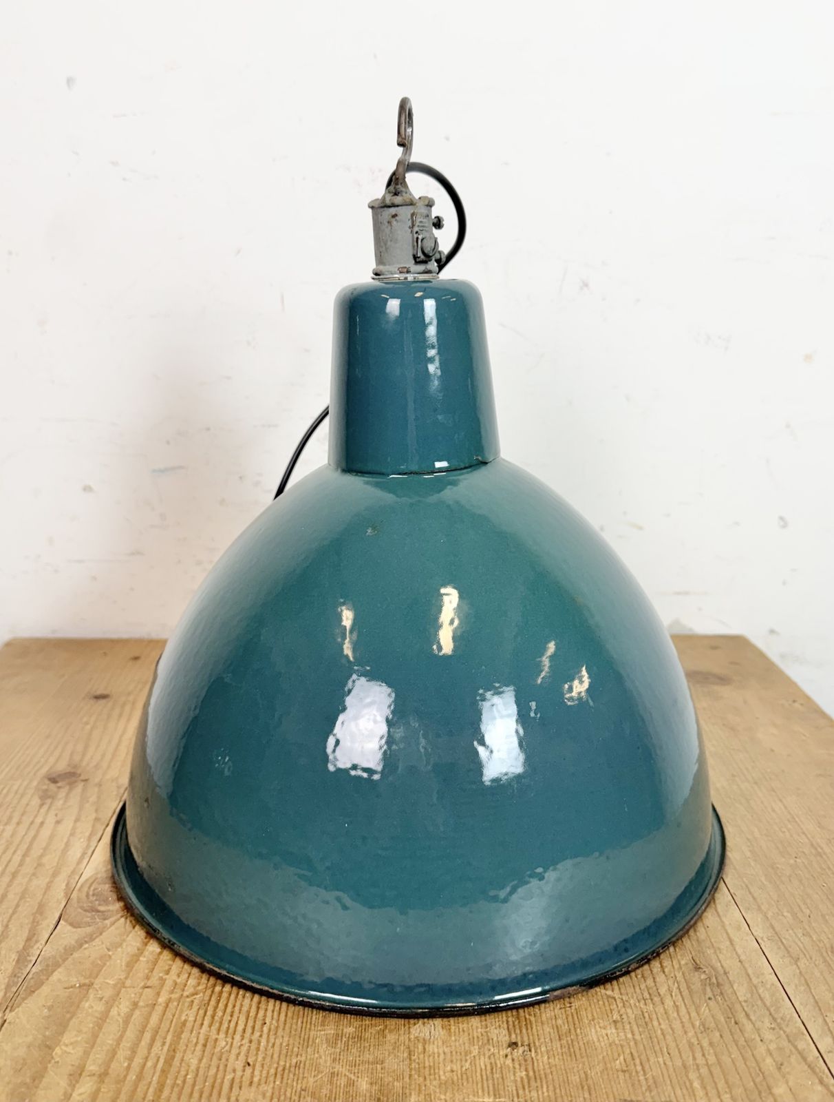 photo for sale Industrial Petrol Enamel Factory Pendant Lamp, 1960s, 5x