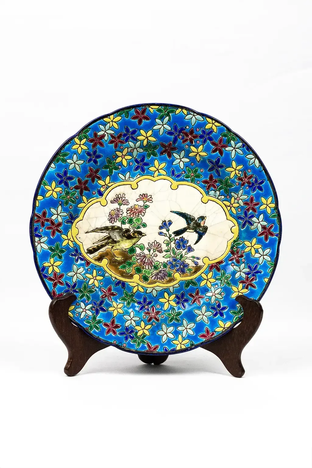 Longwy Plate Circa 1910 – Cloisonné Enamels Decorated With Birds And Flowers On A Blue Background photo 190.0