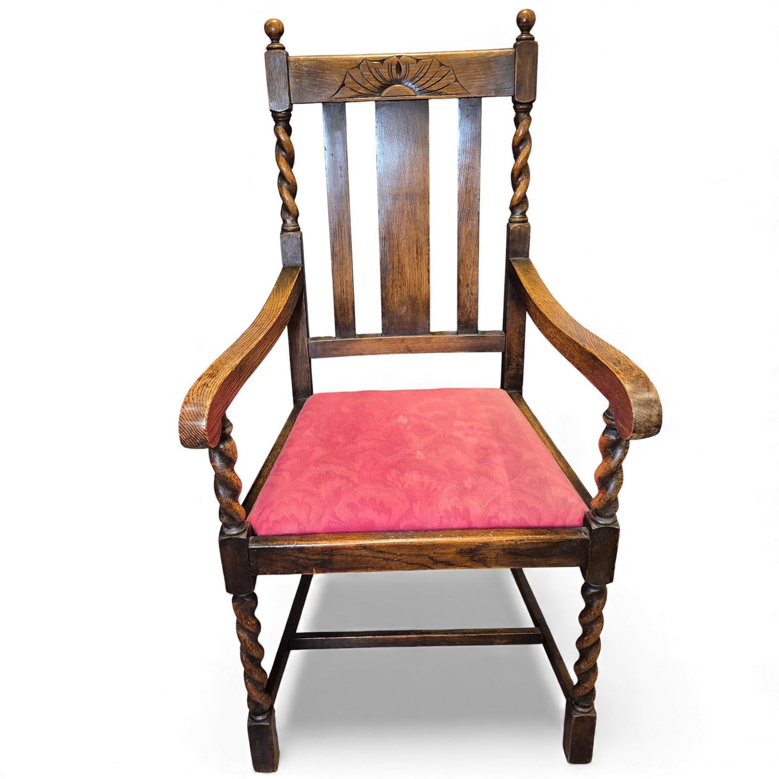 Vintage Oak Hall Chair – Carved Back & Barley Twist Armchair With Upholstered Seat photo furniture