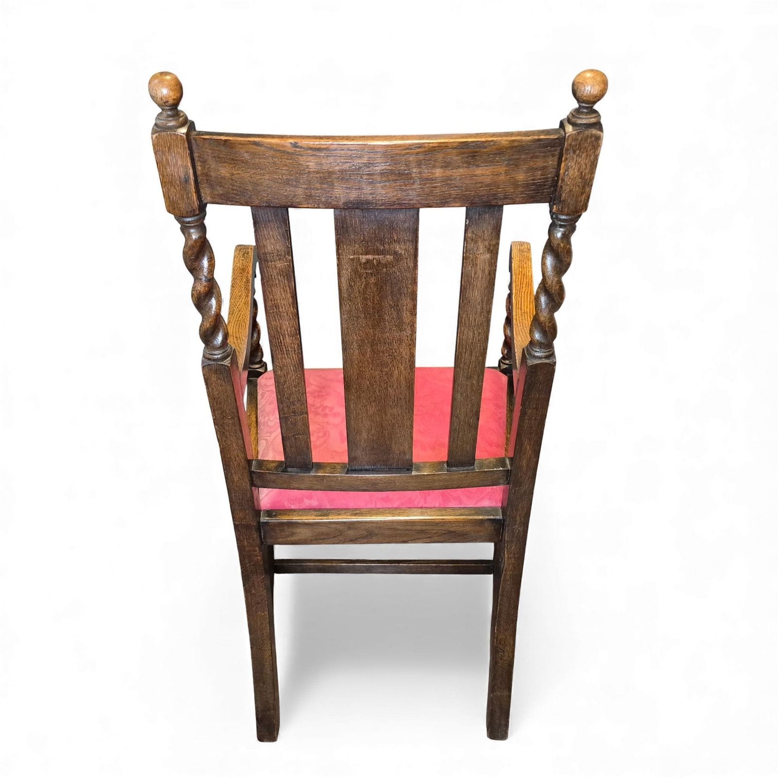 Vintage Oak Hall Chair – Carved Back & Barley Twist Armchair With Upholstered Seat photo for sale