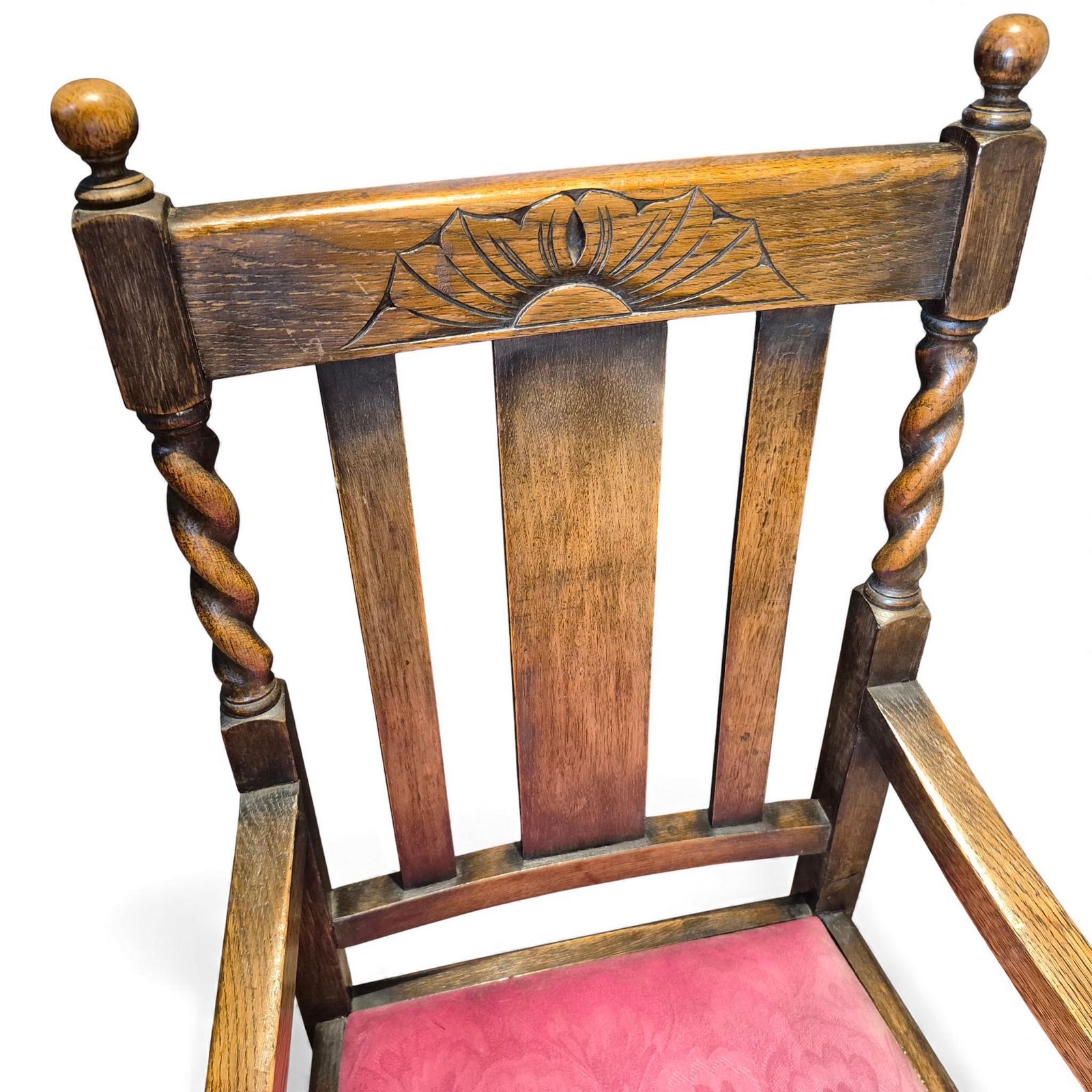 Vintage Oak Hall Chair – Carved Back & Barley Twist Armchair With Upholstered Seat photo 195.0