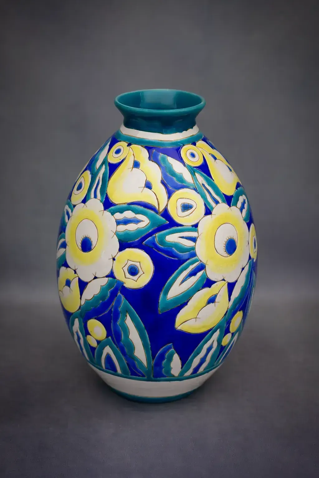 Large Blue Earthenware Vase With Floral Art Deco Decoration Keramis (D 1558) photo furniture