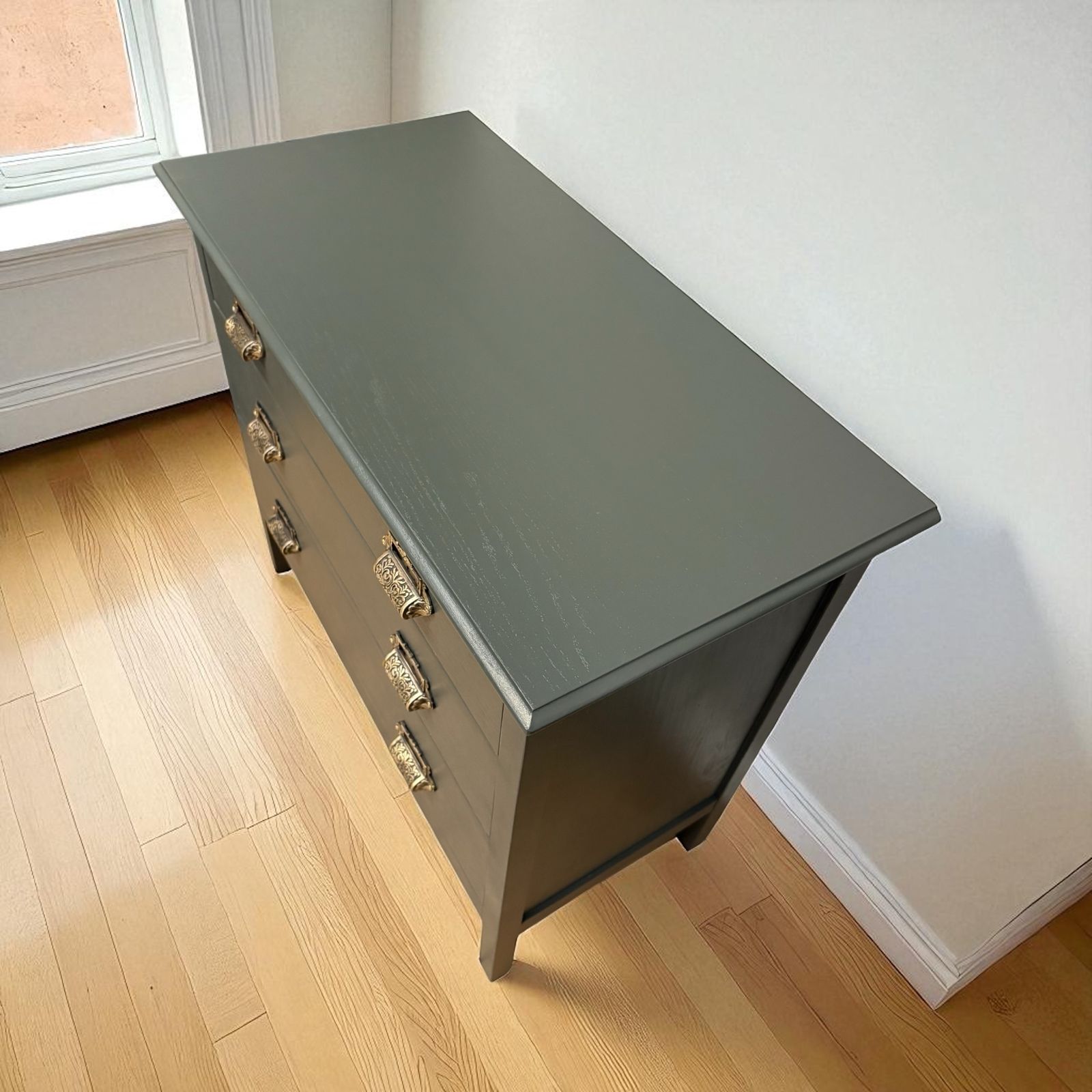 Vintage Solid Oak Set Of Painted Green/ Black Chest Of Three Drawers photo furniture