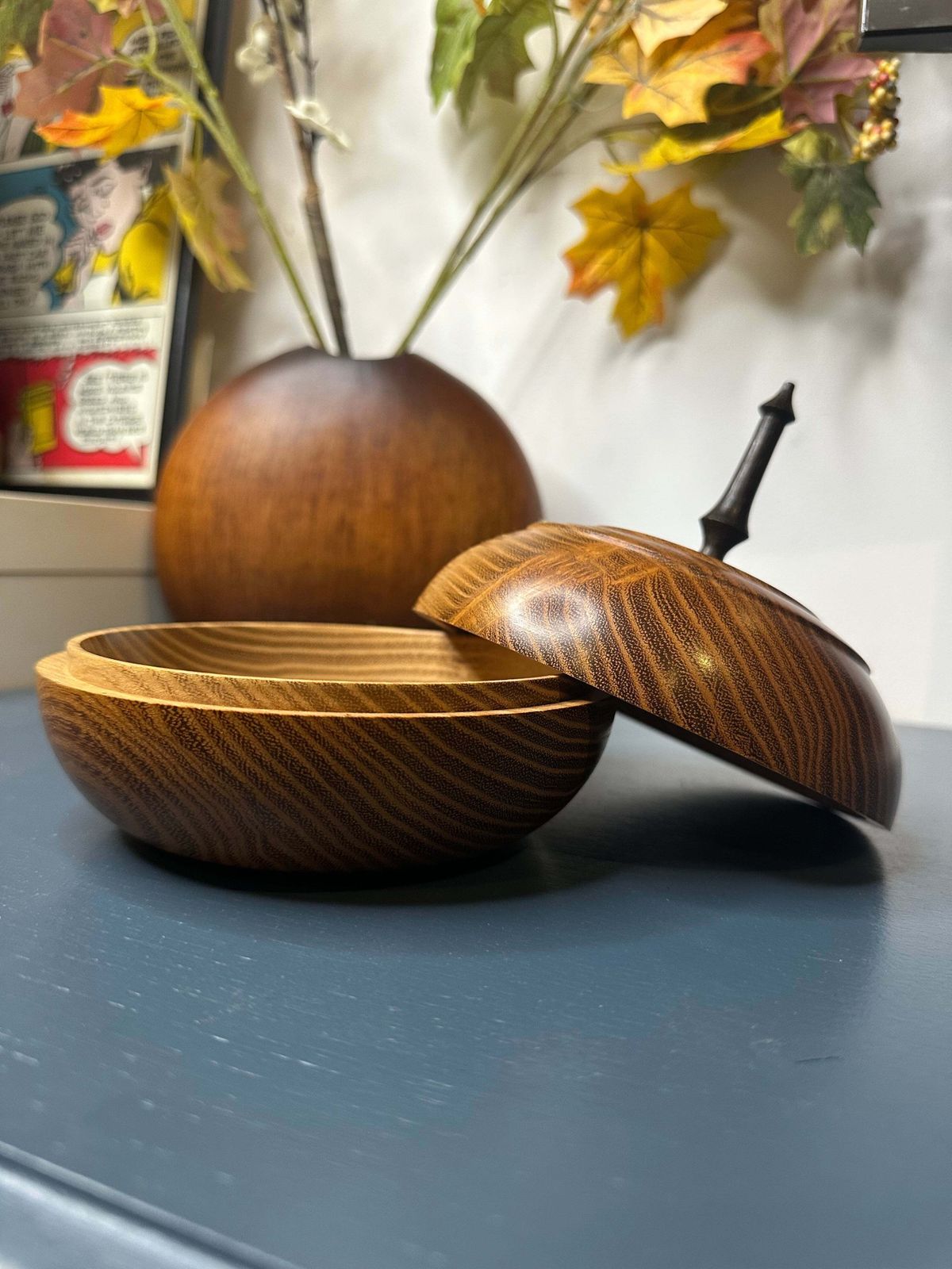 Hand Turned Ancient Acacia Lidded Bowl With Oak Spike Handle — Crafted In Norfolk From 5,000 Year Old Local Timber photo vinterior
