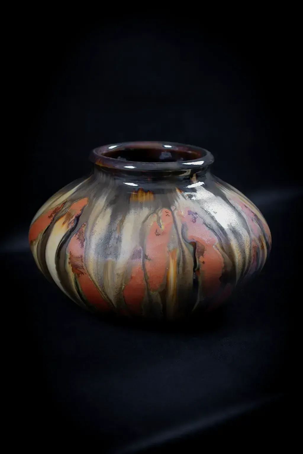 Bouffioulx Pottery – Ochre And Red Flamed Stoneware Vase   Art Nouveau Belgian Ceramic photo vinterior