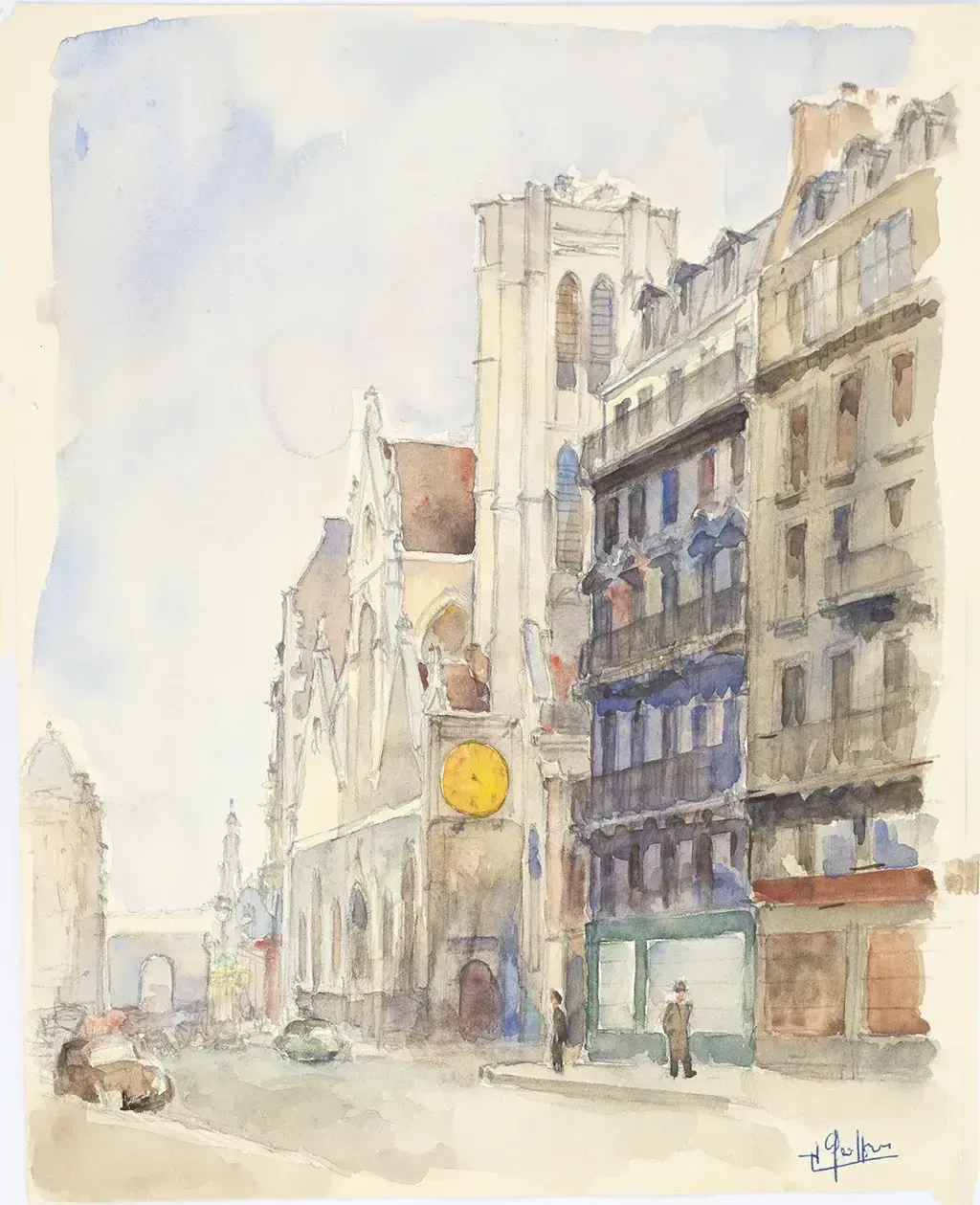Henri Geoffroy, aquarelle années 1950 - Rue parisienne avec l'église Saint-Nicolas-des-Champs