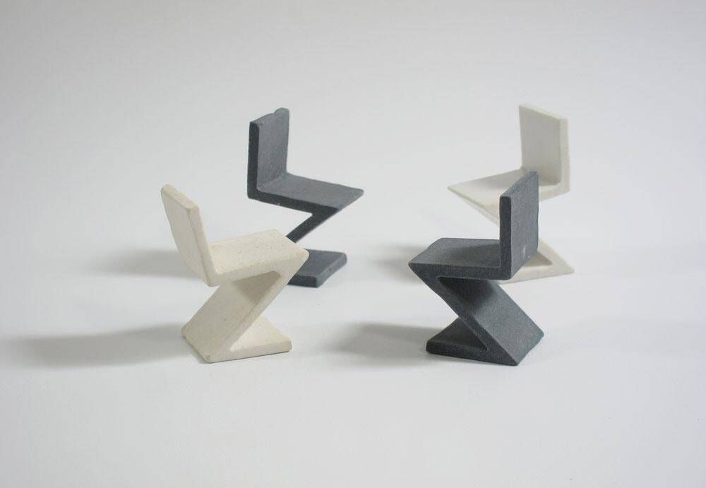 photo furniture Collector’s Set Of 4 Rietveld Inspired Zig Zag Miniature Porcelain Ceramic Chairs