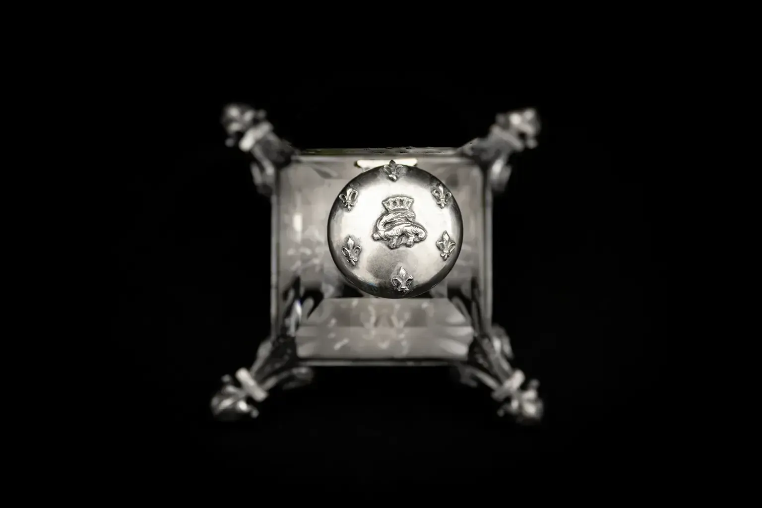 Crystal And Silver Plated Metal Inkwell With Salamander And Fleur De Lis   French Antic photo vinterior