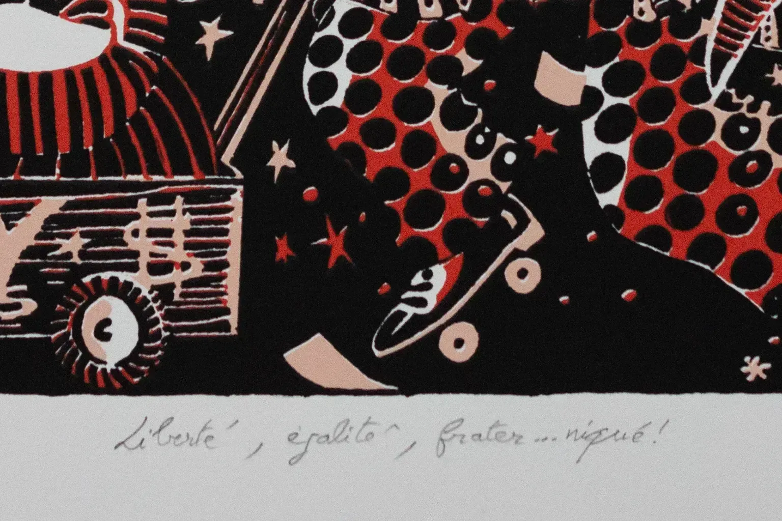Zeefdruk "Liberty, Equality, Fraternity...Niqued" van Yak Rivais op Arches velijnpapier photo 220.0