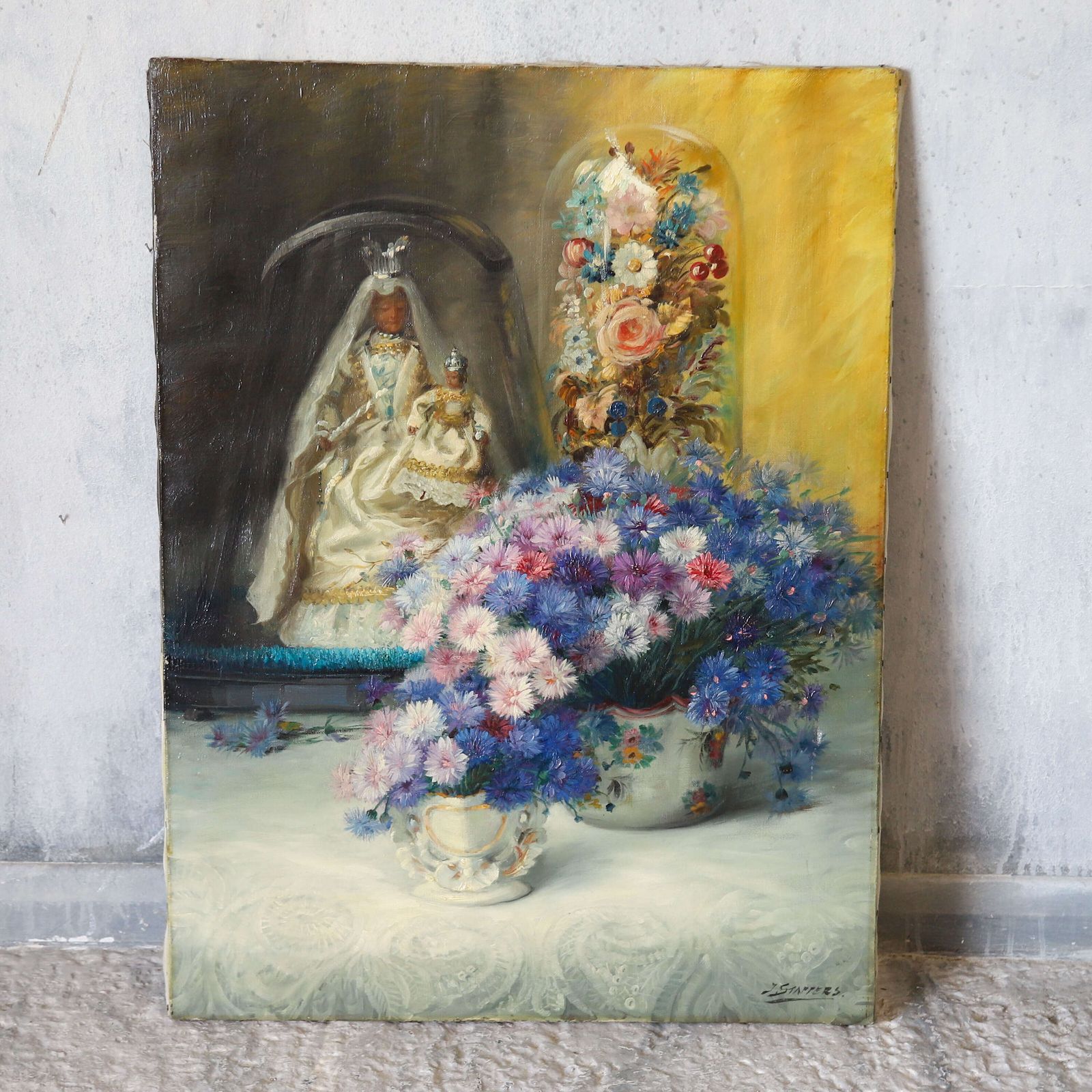 Antique Oil Painting On Canvas – Still Life With Religious Figurines And Flowers photo furniture