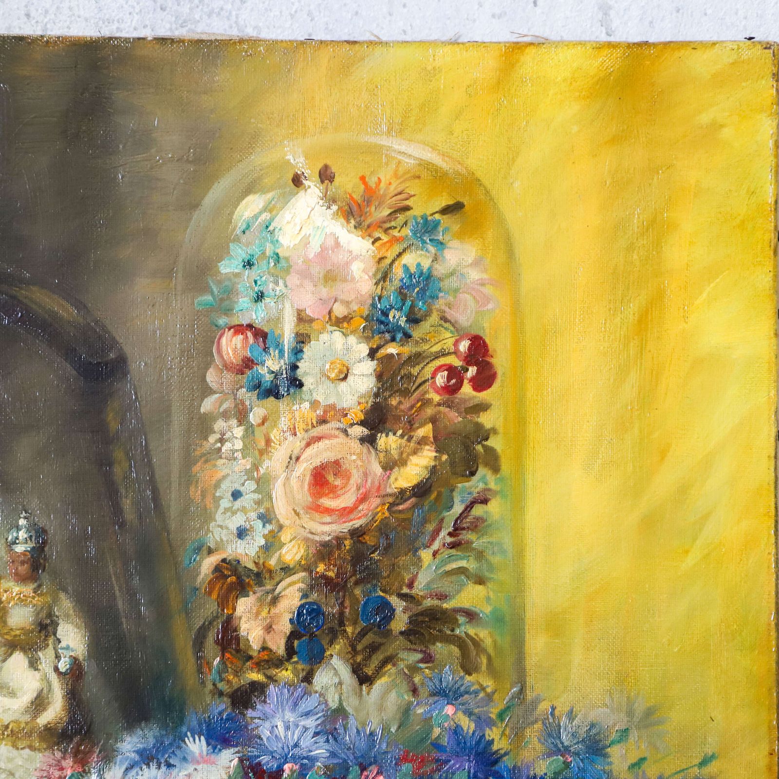 Antique Oil Painting On Canvas – Still Life With Religious Figurines And Flowers photo 325.0