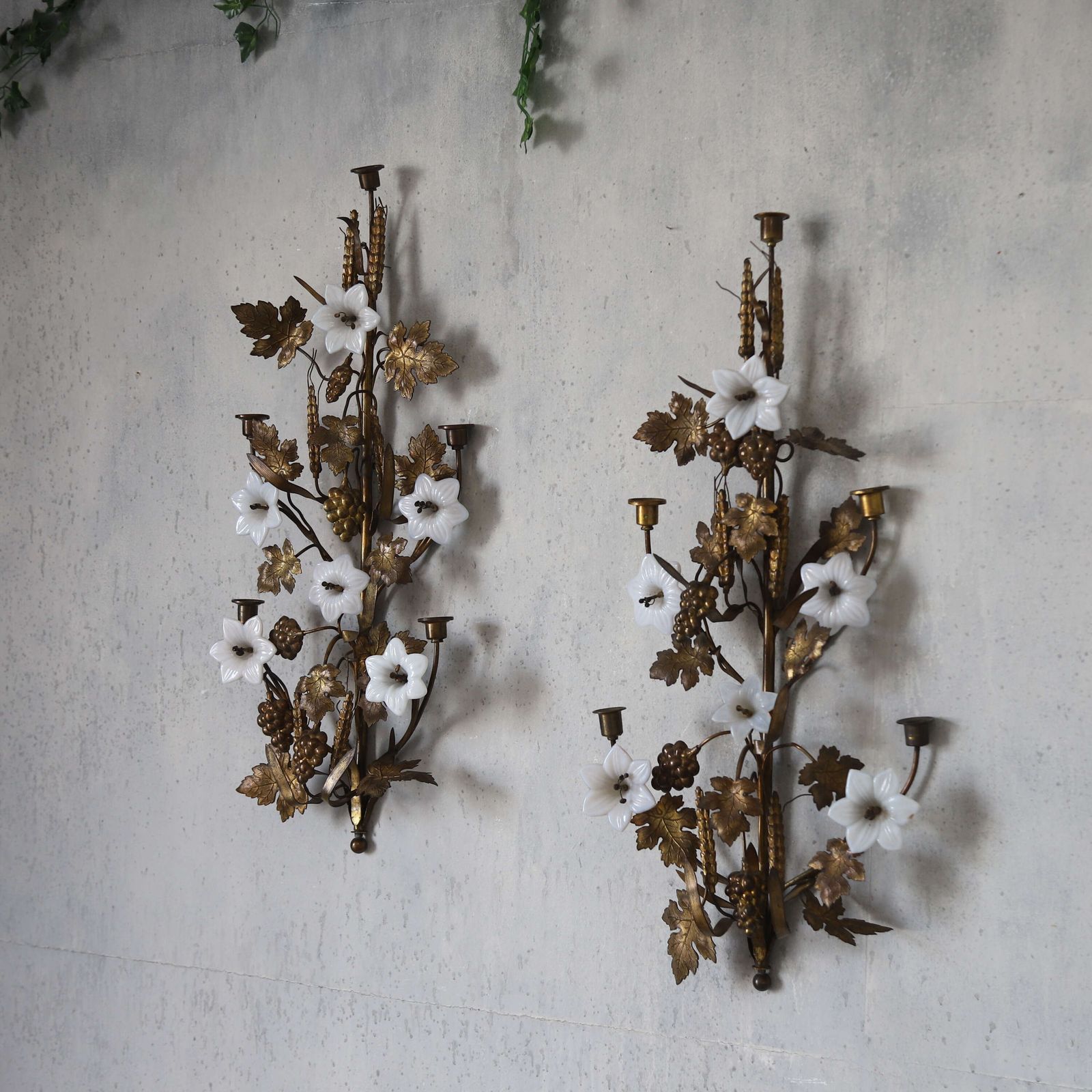 Pair Of Decorative Gilt Metal Wall Sconces With Glass Flowers — French, Mid 20th Century photo 499.0