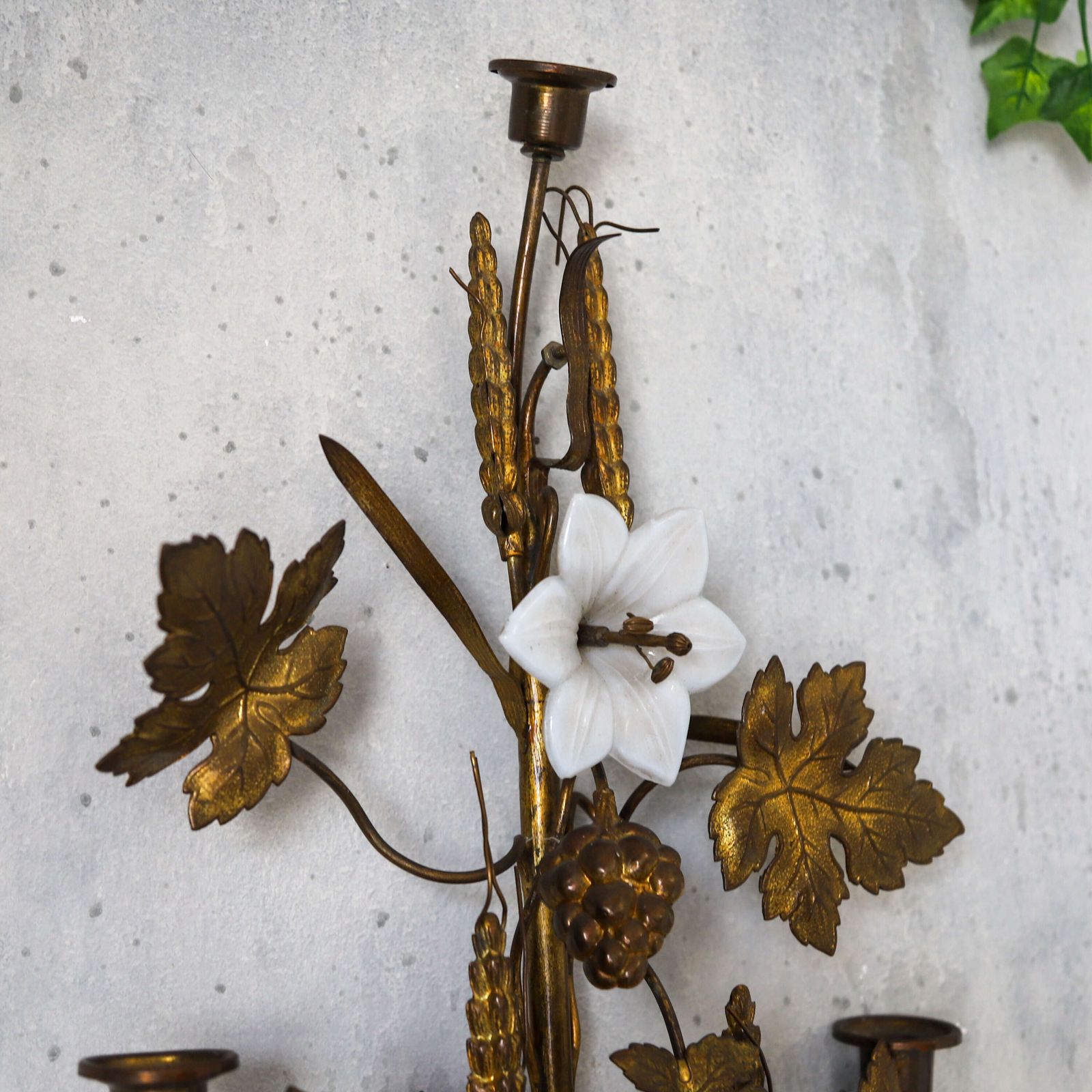 Pair Of Decorative Gilt Metal Wall Sconces With Glass Flowers — French, Mid 20th Century photo vintage